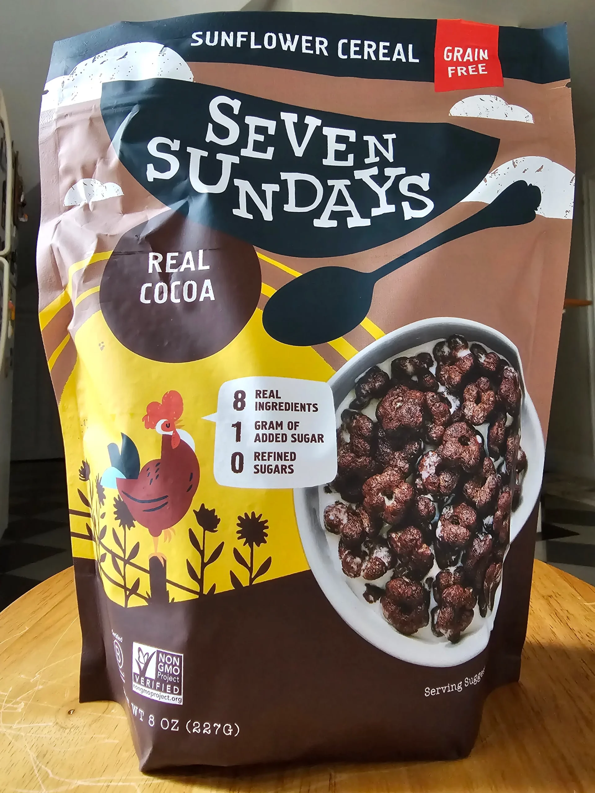 Front bag / package of Seven Sundays Grain Free Sunflower Cereal, Real Cocoa flavor.