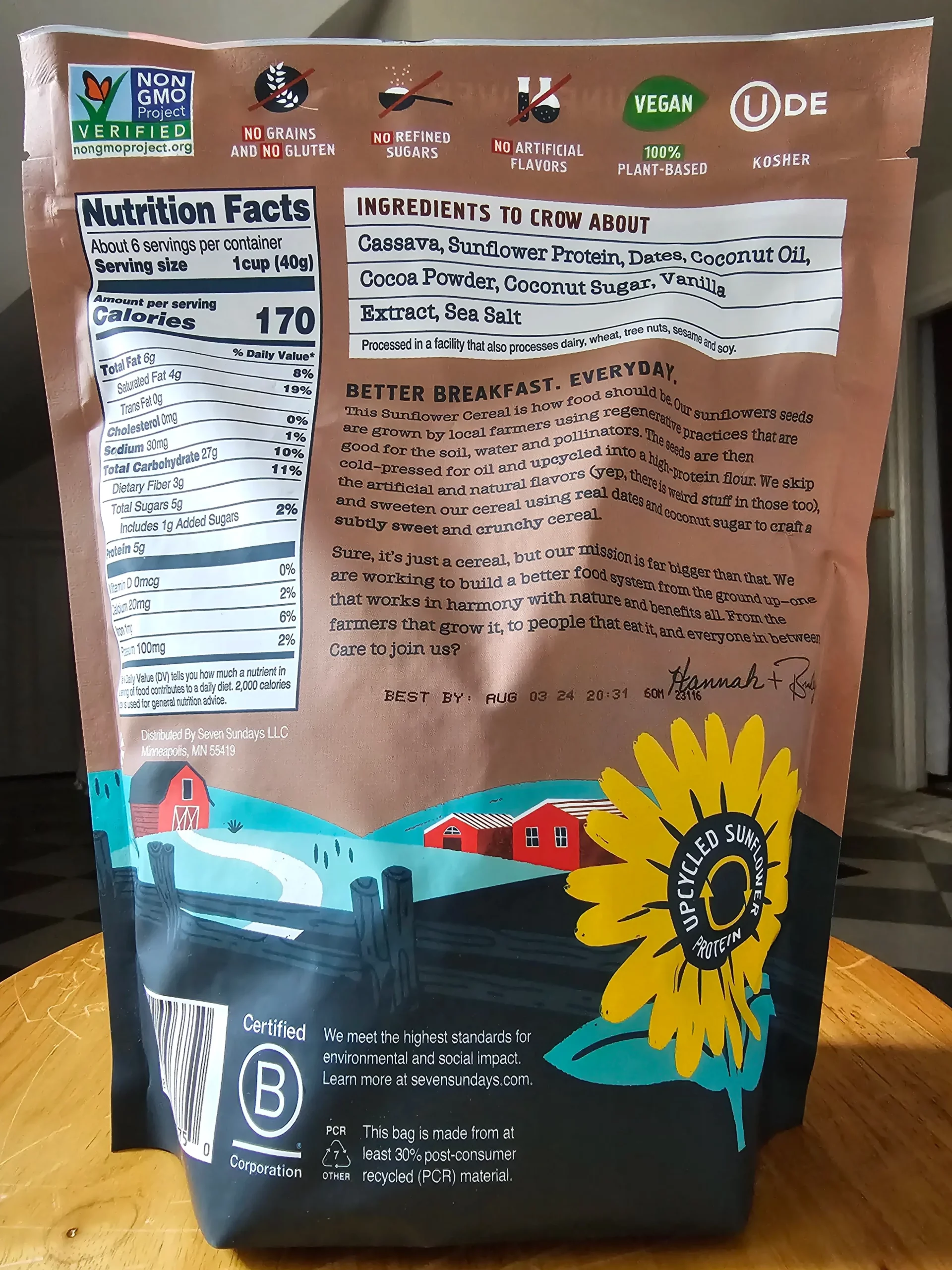 Back bag / package including nutrition label and ingredients of Seven Sundays Grain Free Sunflower Cereal, Real Cocoa flavor.