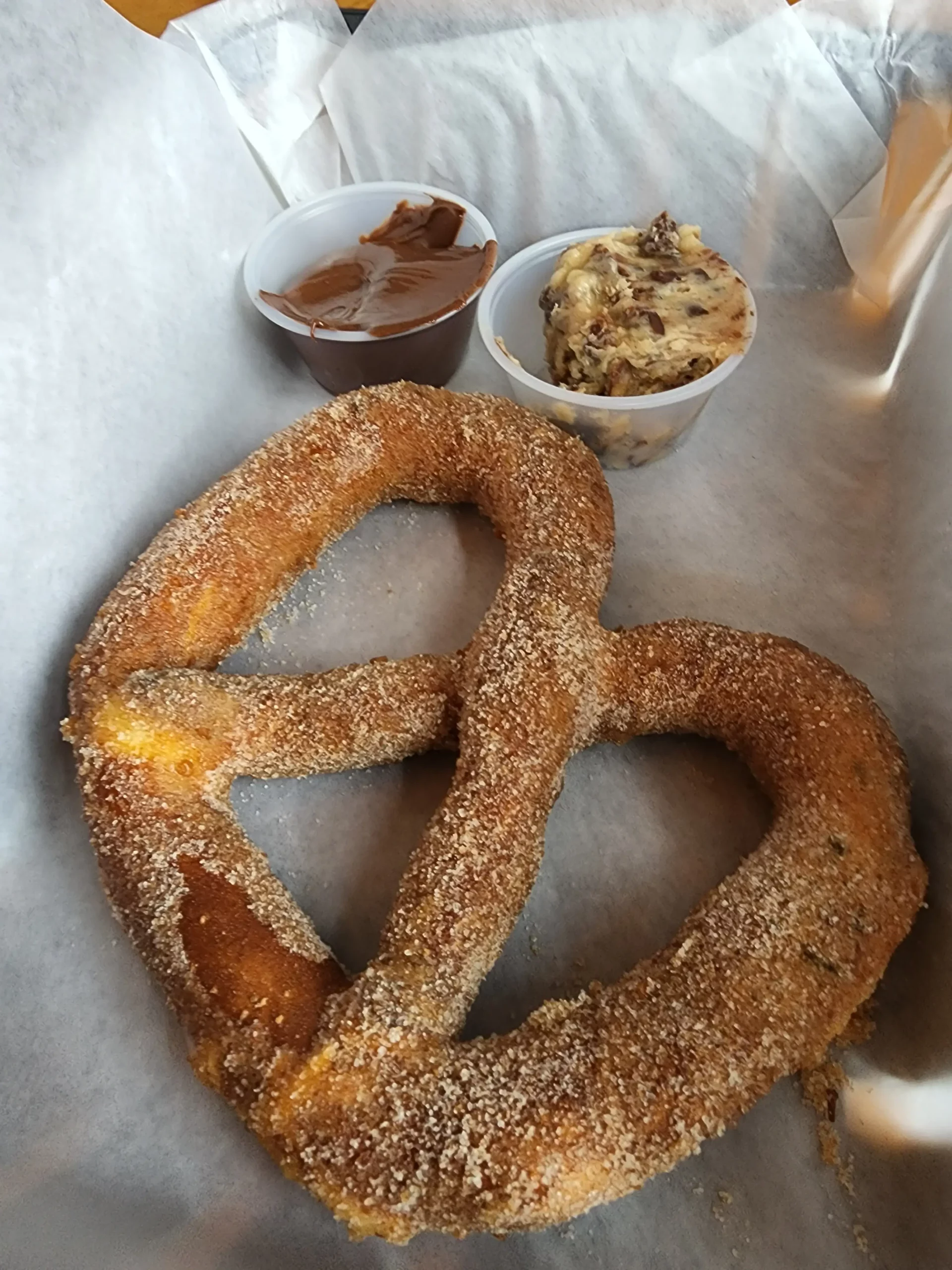 Sugar & Cinnamon Pretzel with cookie dough and Nutella dipping sauces from Malted Barley.