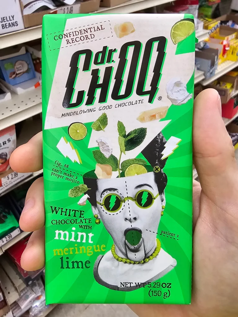 Front package of Dr. Choq White chocolate with mint meringue lime bar.