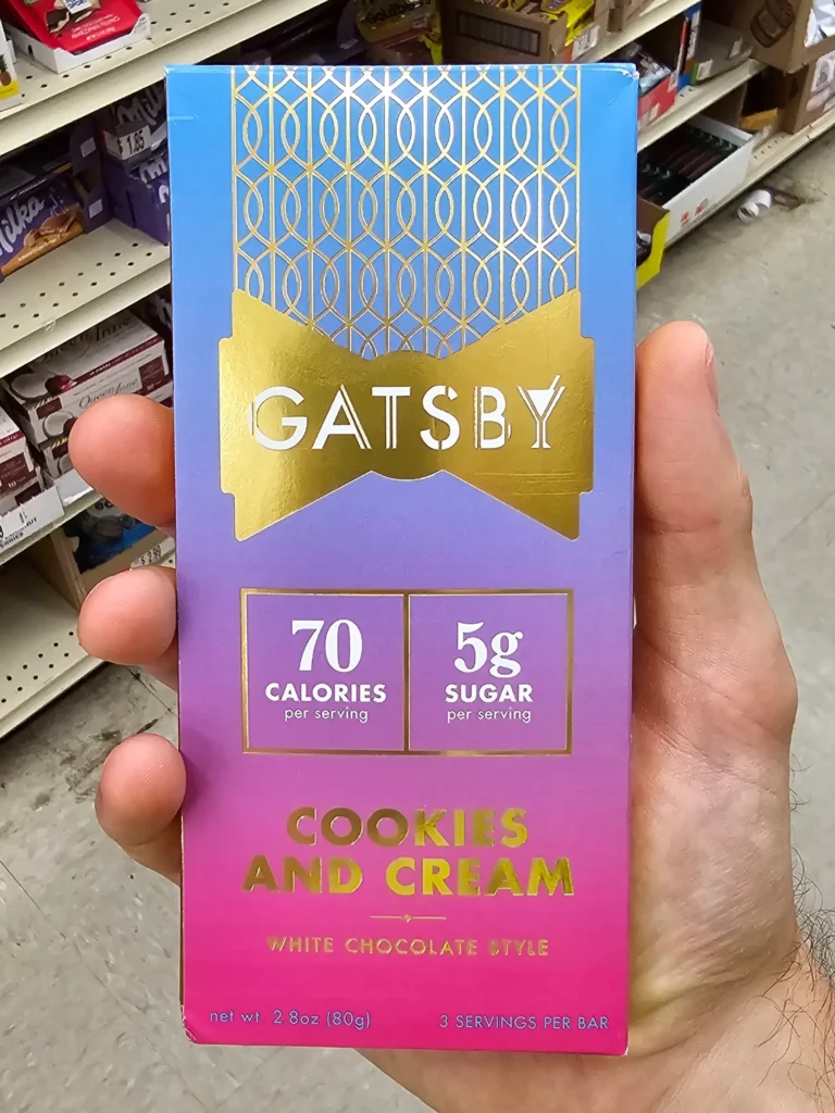 Front package of Gatsby Cookies and Cream Milk Chocolate bar.