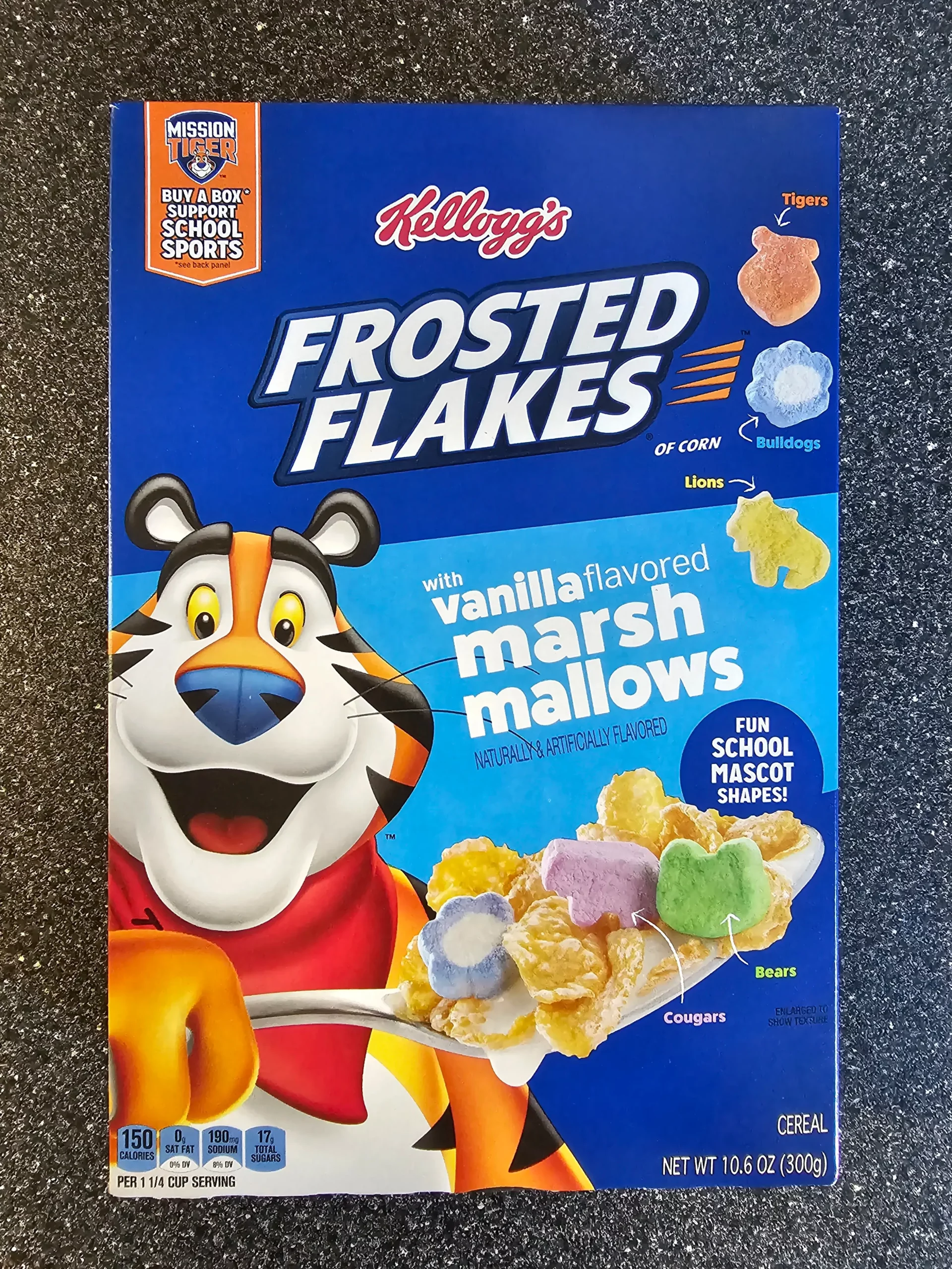 Front box of Frosted Flakes with Vanilla Marshmallows.
