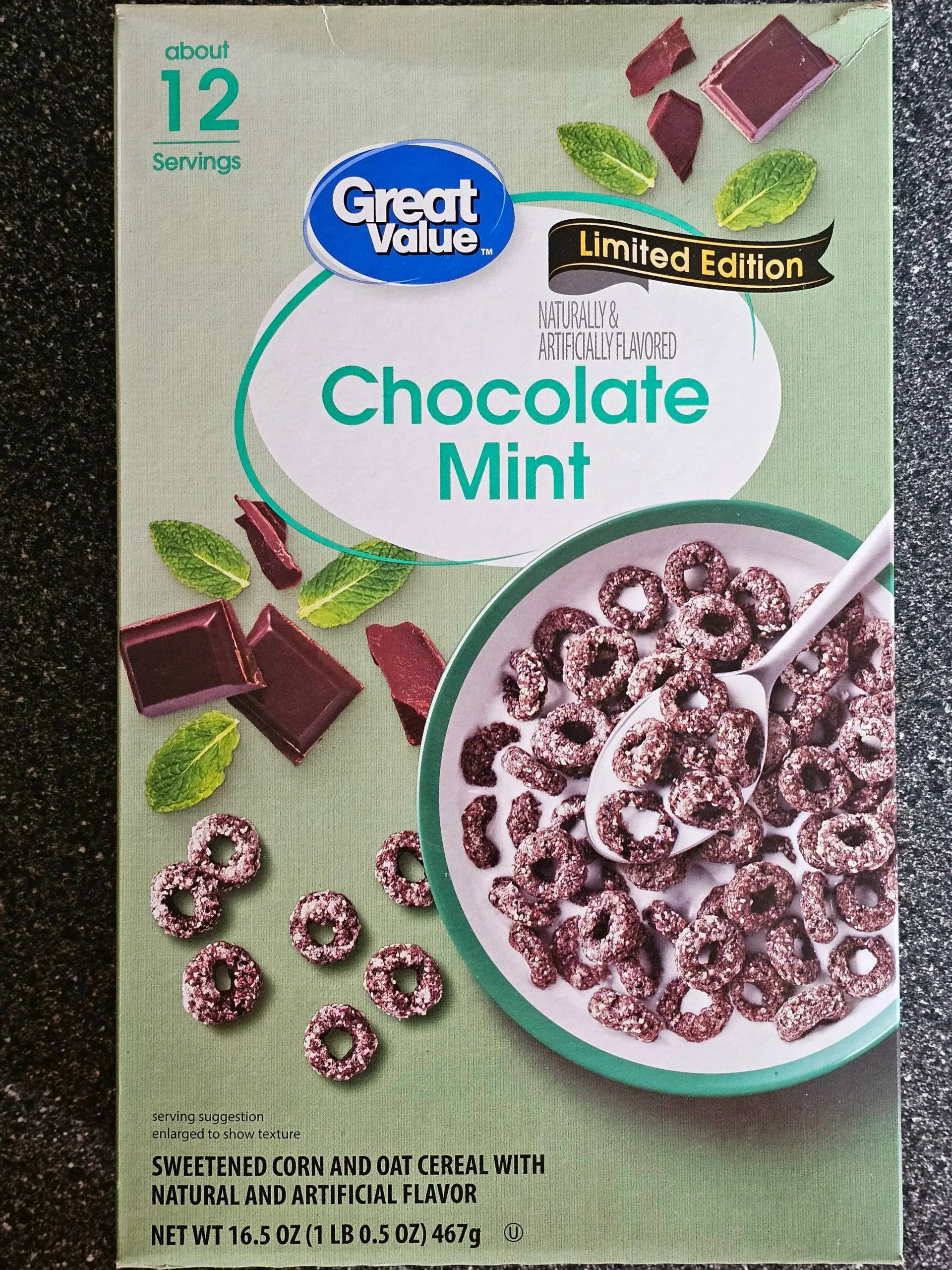Front box of Walmart Great Value Limited Edition Chocolate Mint Cereal.