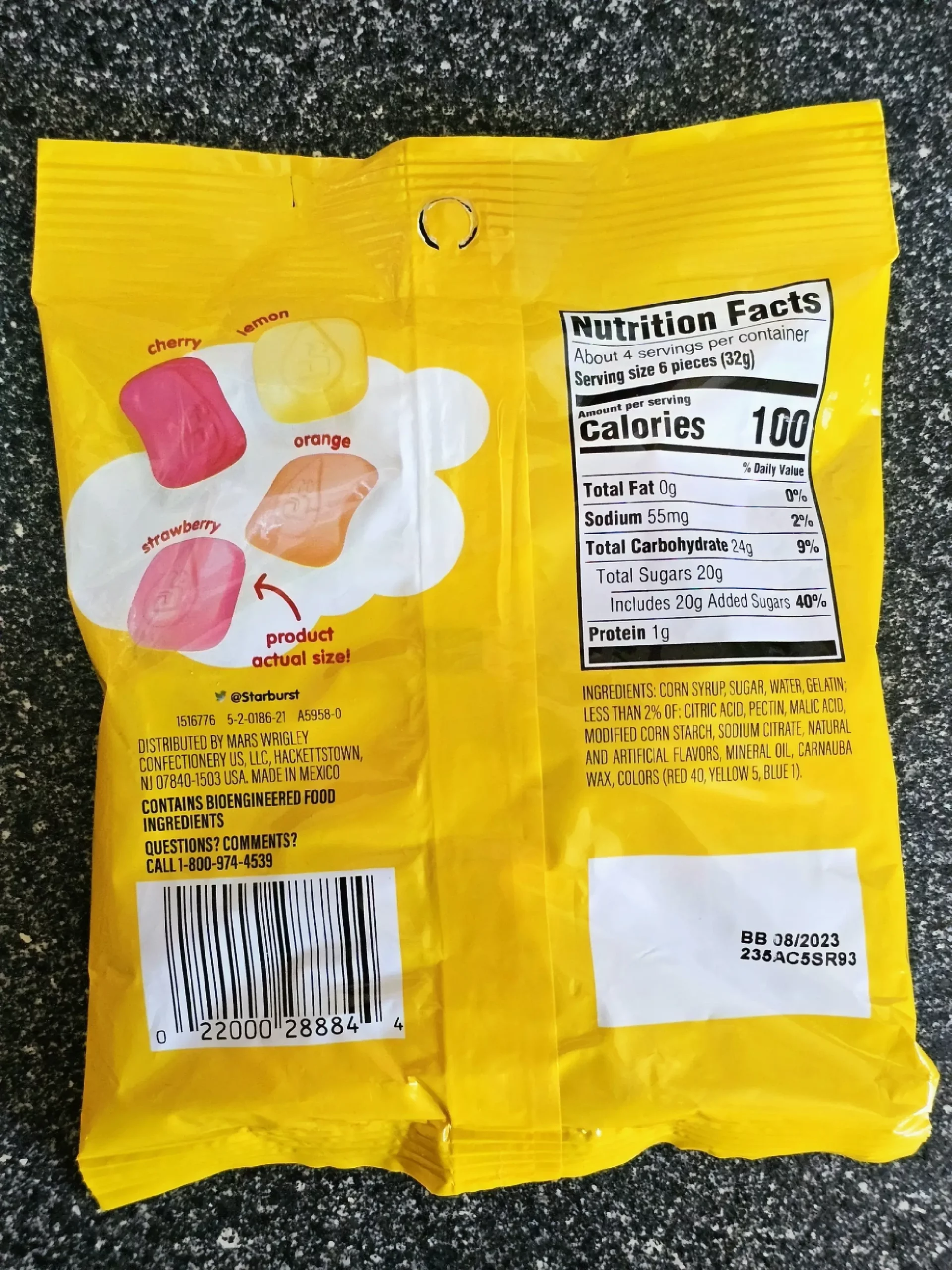 Back package including nutrition label and ingredients of Starburst Airs Gummies.