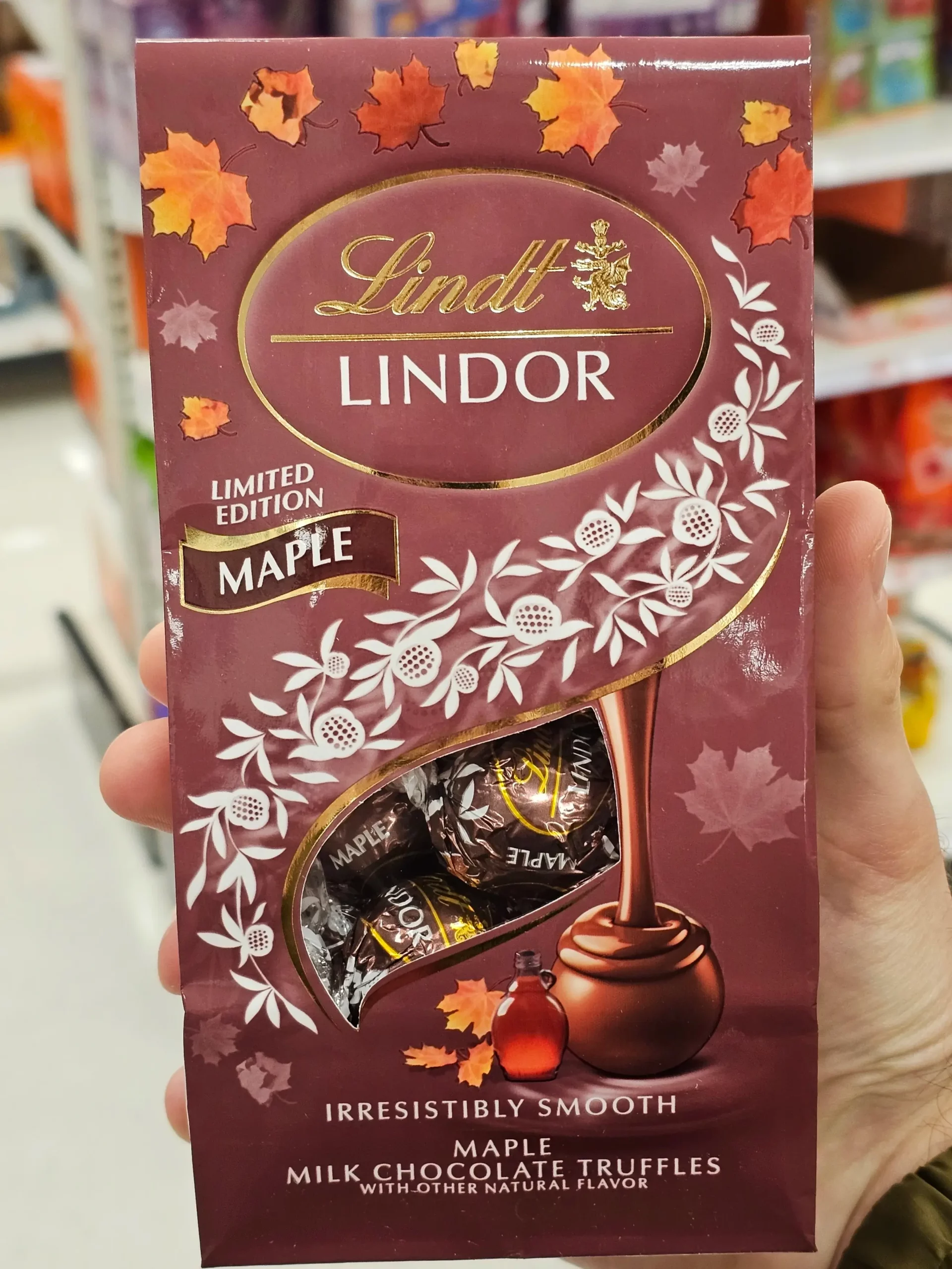 Front package of Lindt Lindor Limited Edition Maple Milk Chocolate Truffles.