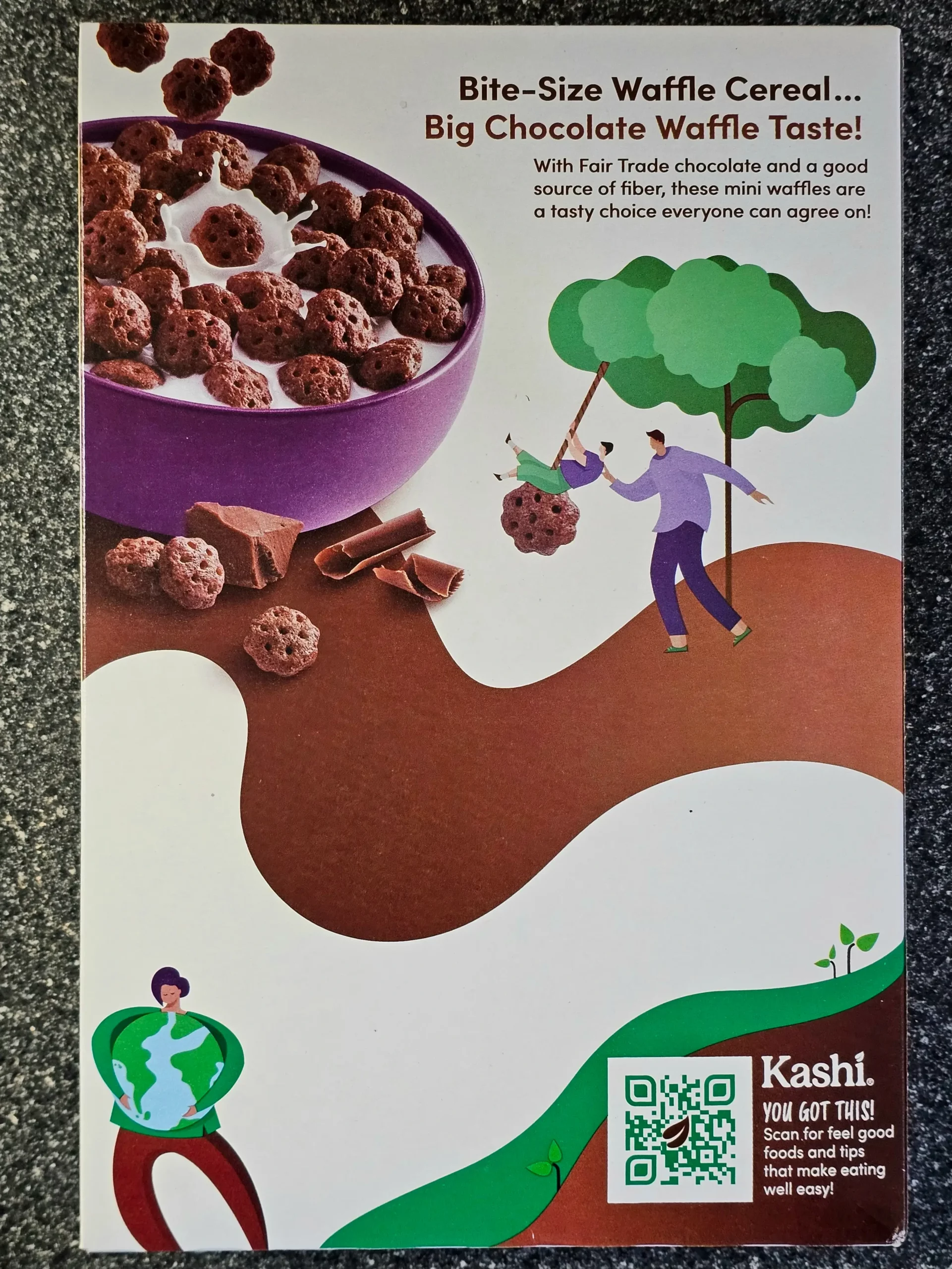Back box of Kashi Chocolate Waffle Bites cereal.