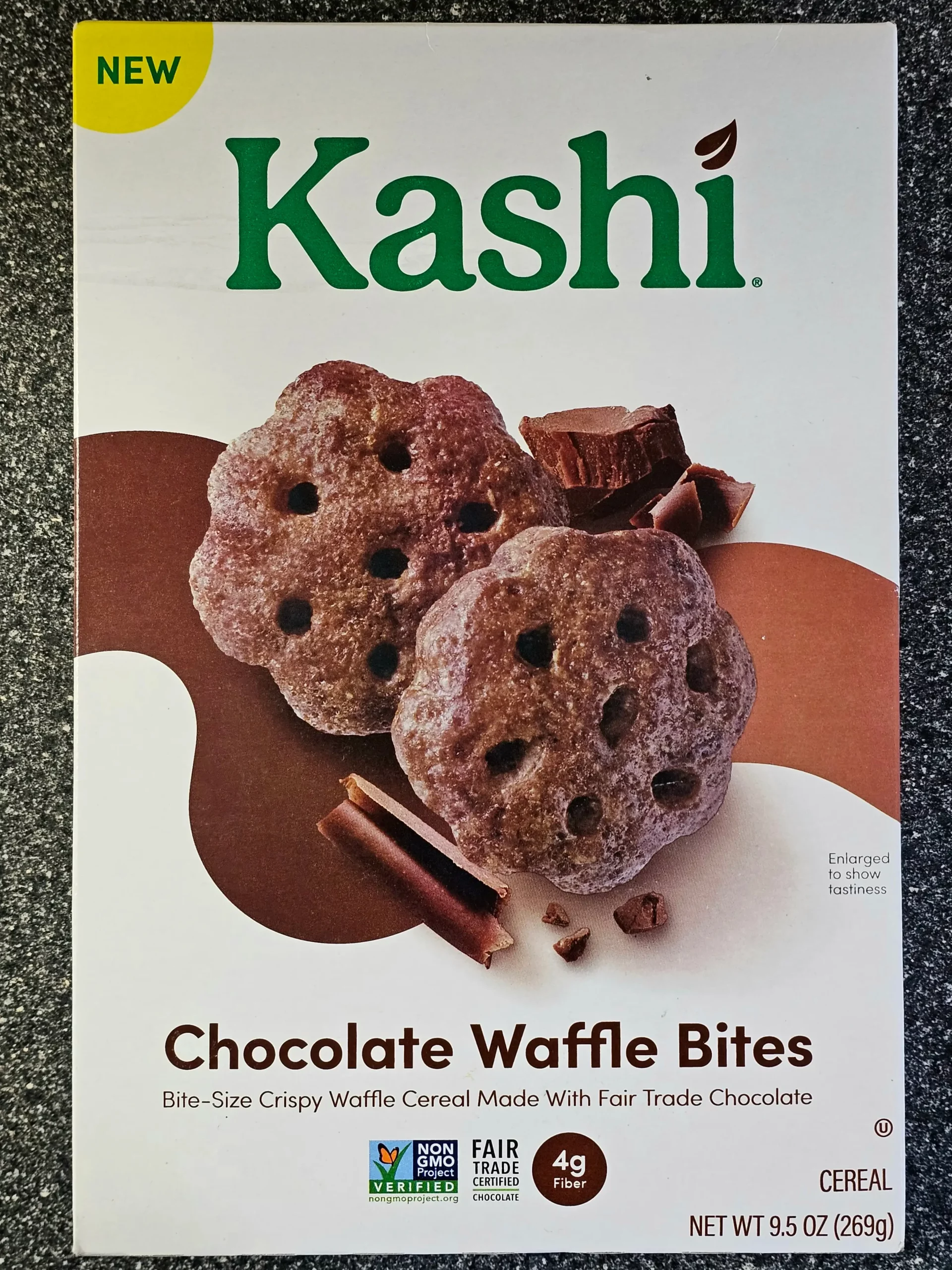Front box of Kashi Chocolate Waffle Bites cereal.