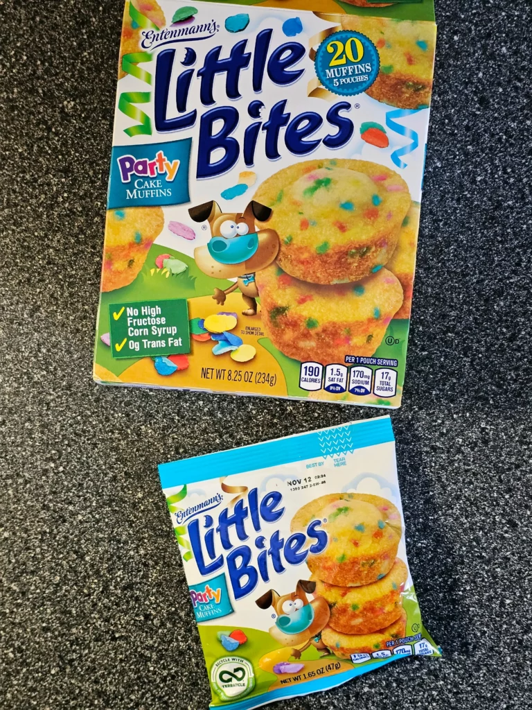 Box and package of Entenmann's Little Bites Party Cake Muffins.