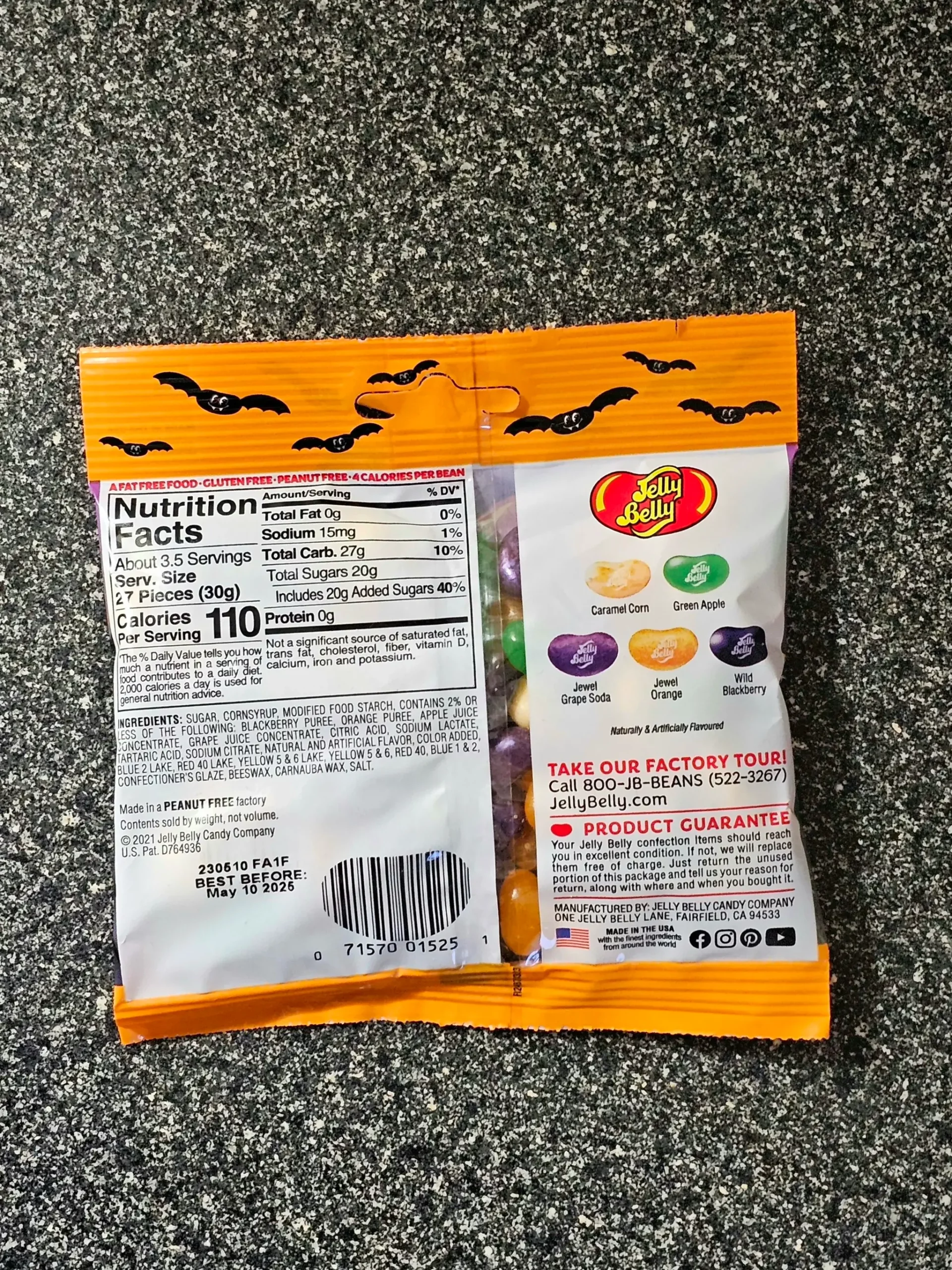 Back package including ingredients and nutrition label of Jelly Belly Monster Mash jelly beans.