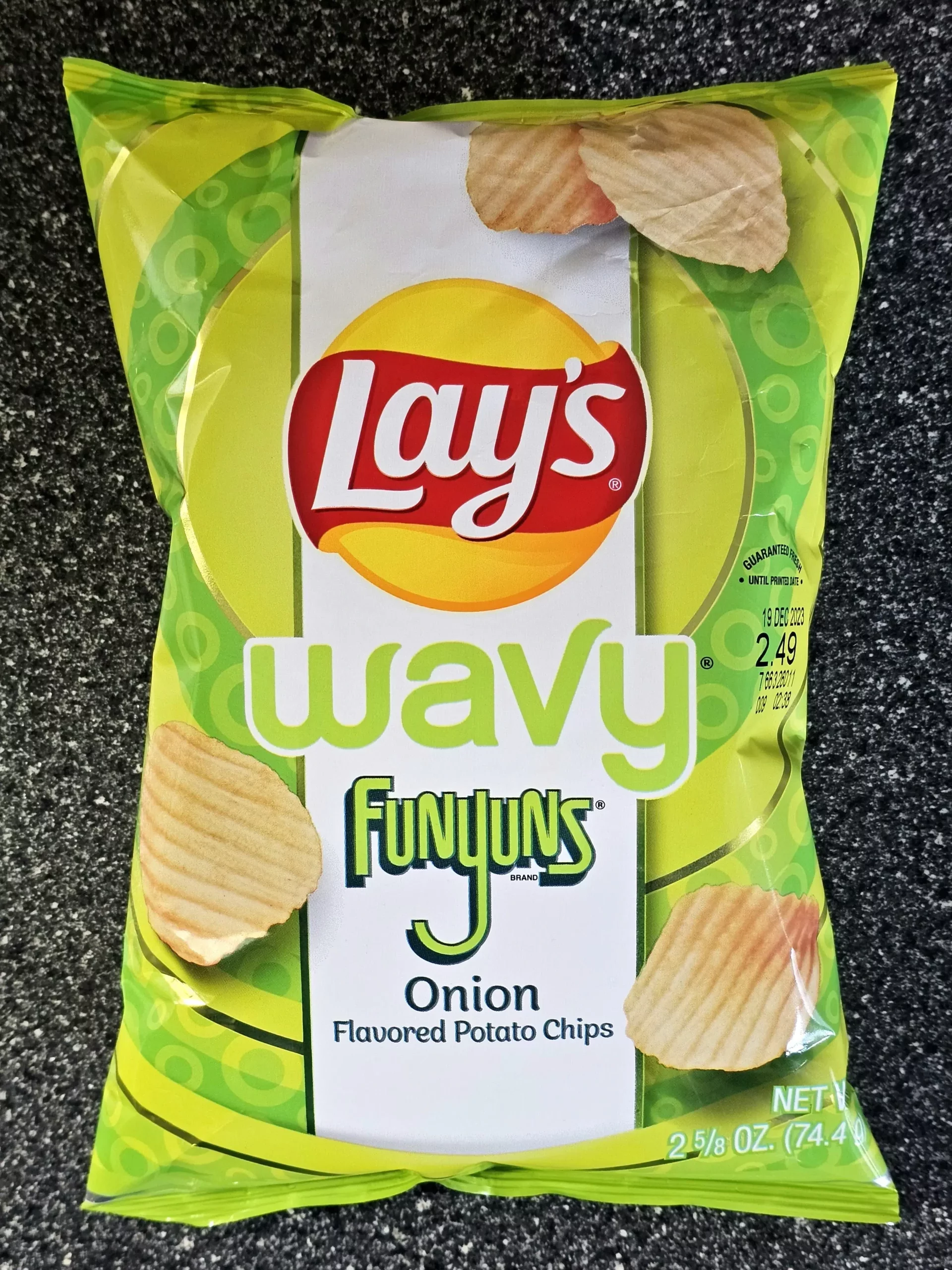Front package of Lay's Wavy Funyuns Onion flavored chips.