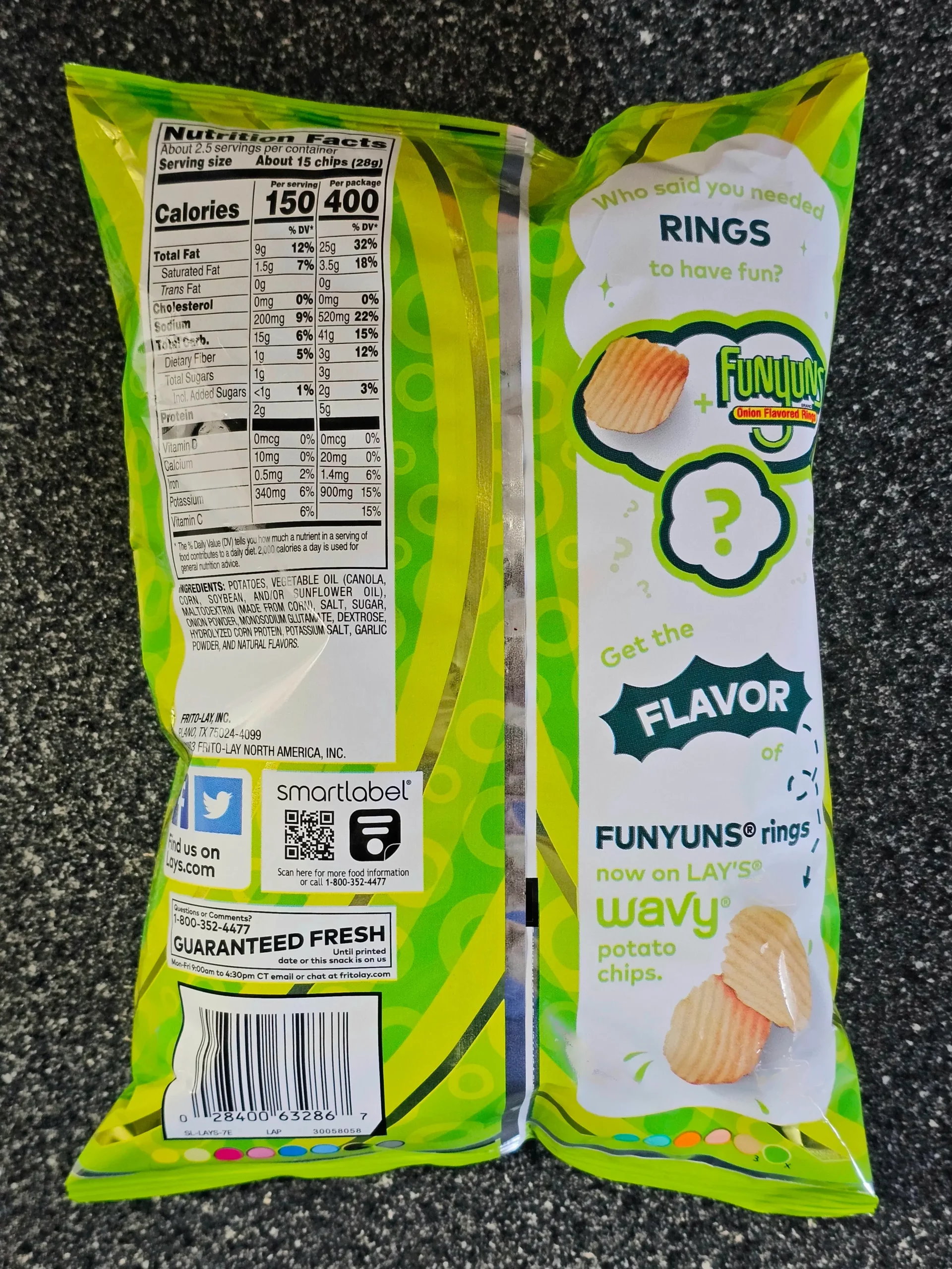 Back package including nutrition label and ingredients of Lay's Wavy Funyuns Onion flavored chips.