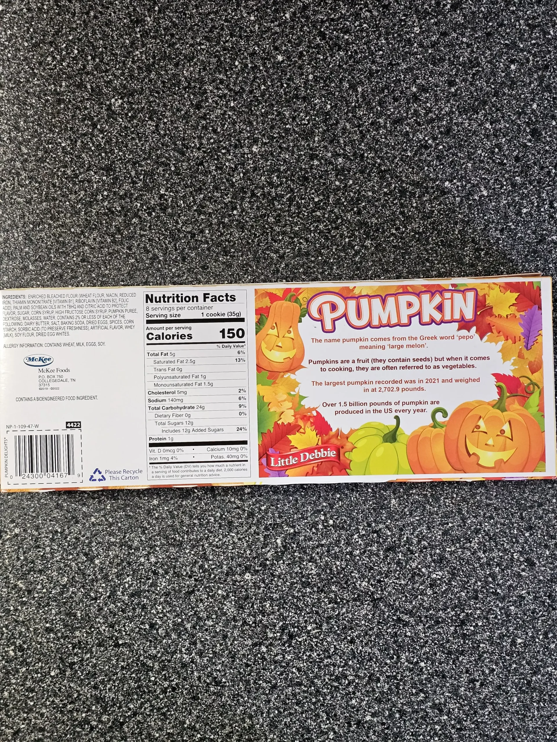 Back box including nutrition label and ingredients of Little Debbie Pumpkin Delights Cookies.