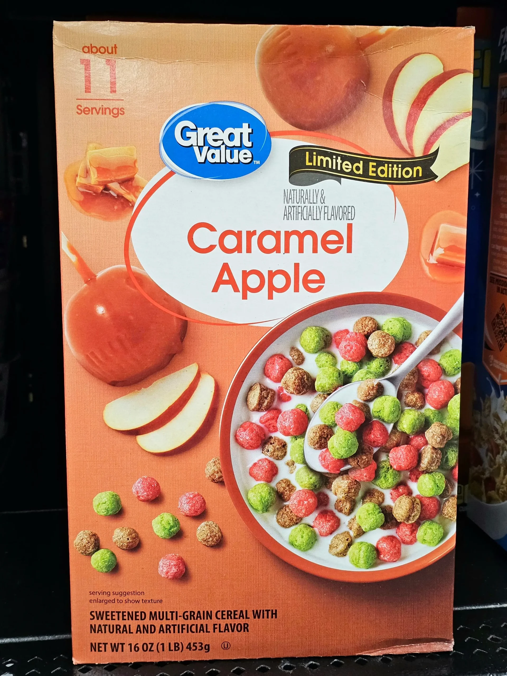 Front box of Walmart Great Value Caramel Apple cereal.