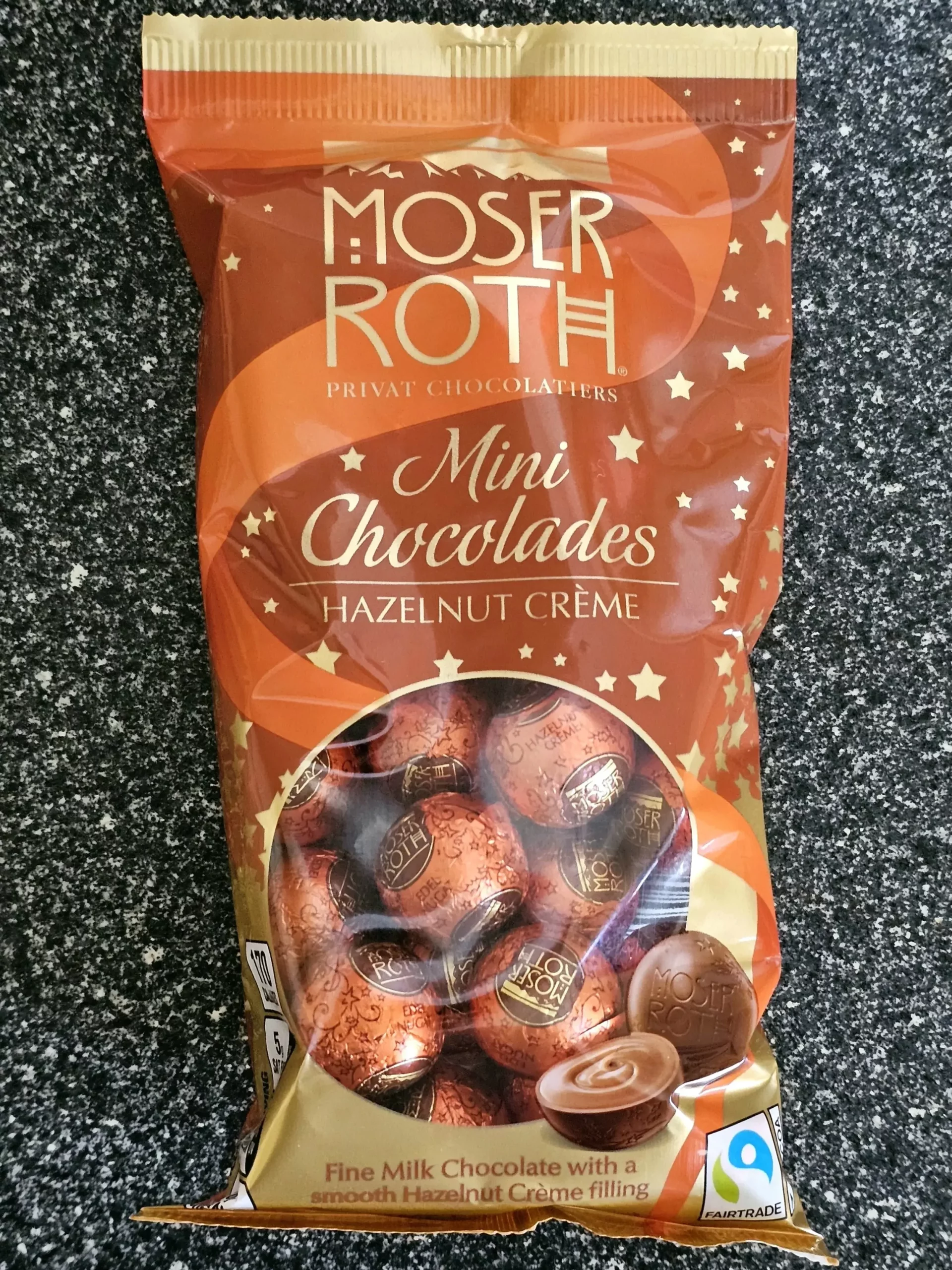 Front package of Aldi Moser Roth Mini Chocolades filled with Hazelnut Creme.
