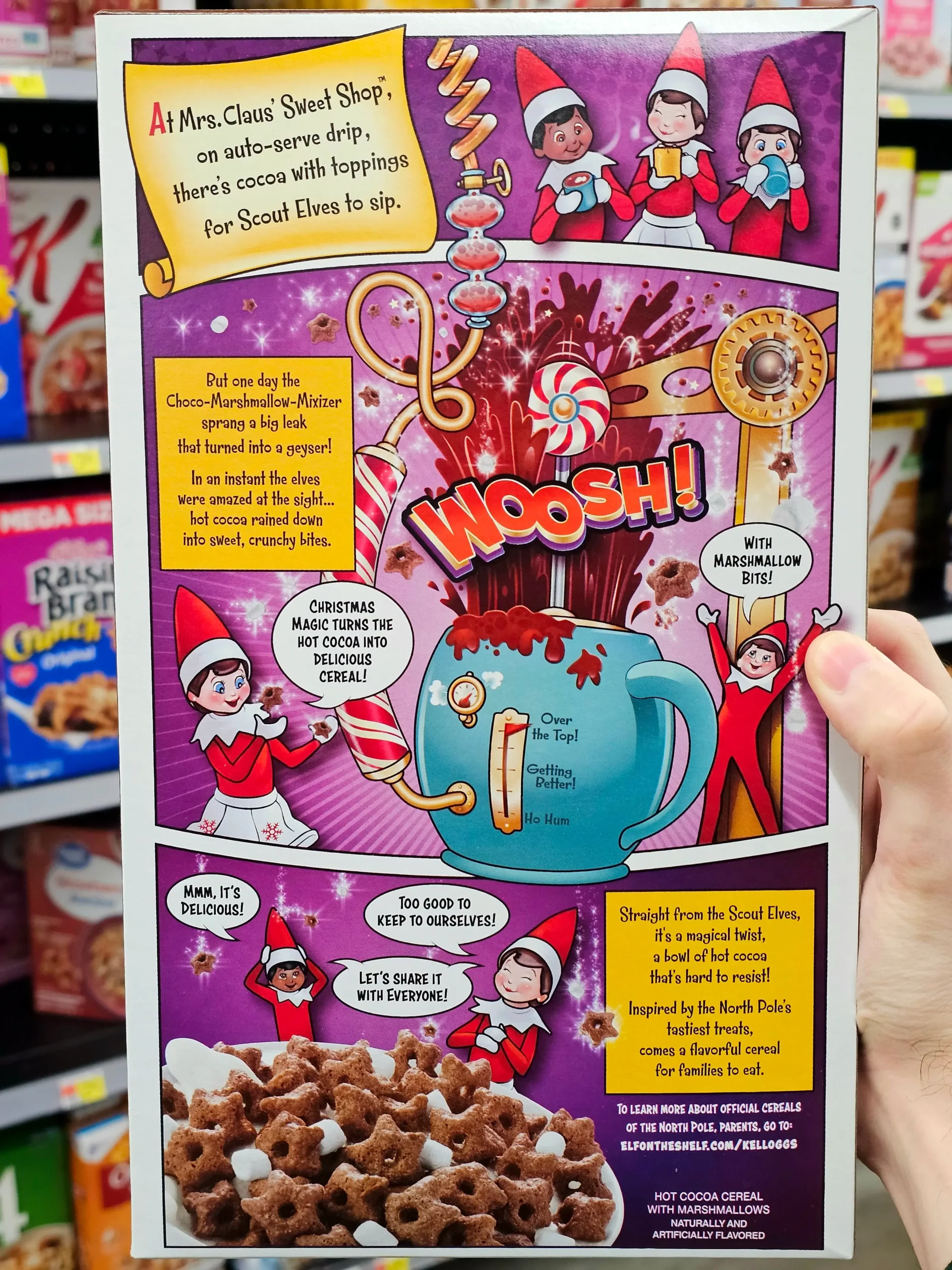 Back box of family size Kellogg's The Elf On The Shelf Hot Cocoa cereal.