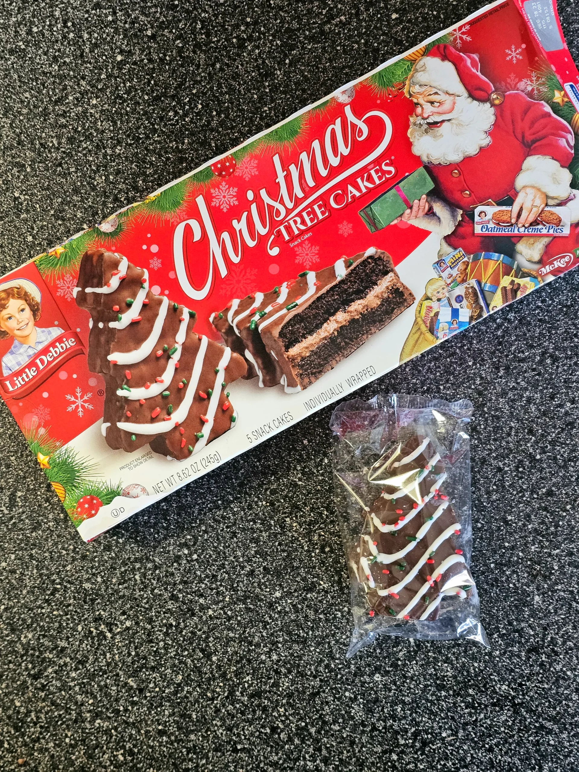 Front box and package of Little Debbie Chocolate Christmas Tree Cakes.