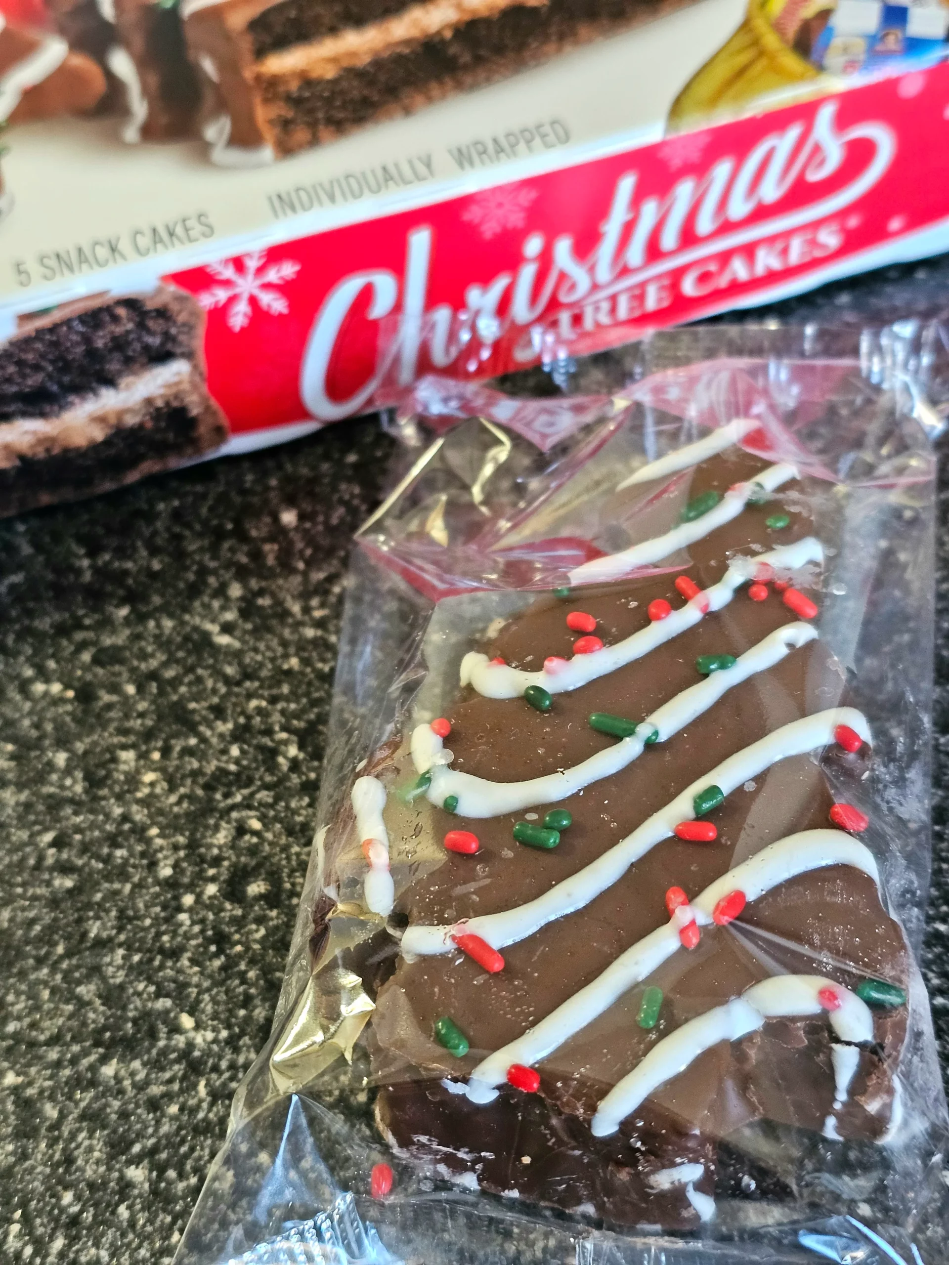 Front box and package of Little Debbie Chocolate Christmas Tree Cakes.
