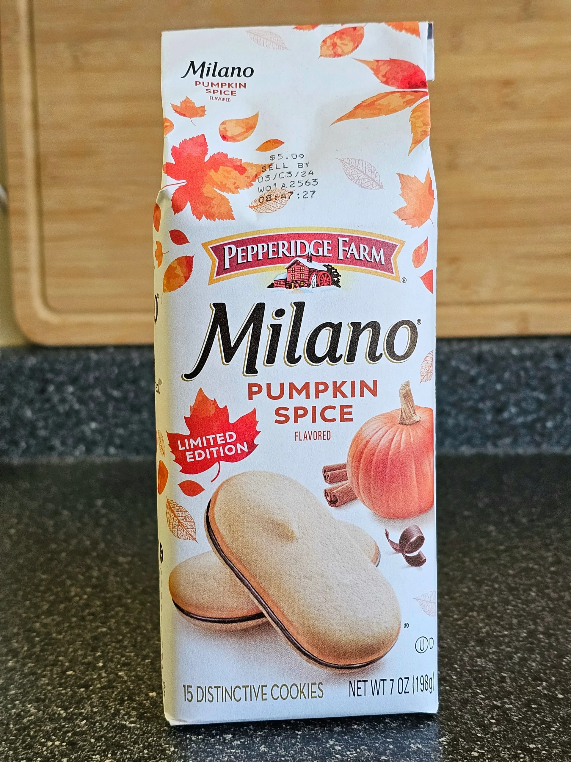 Front package of Pepperidge Farm Limited Edition Milano Pumpkin Spice cookies.