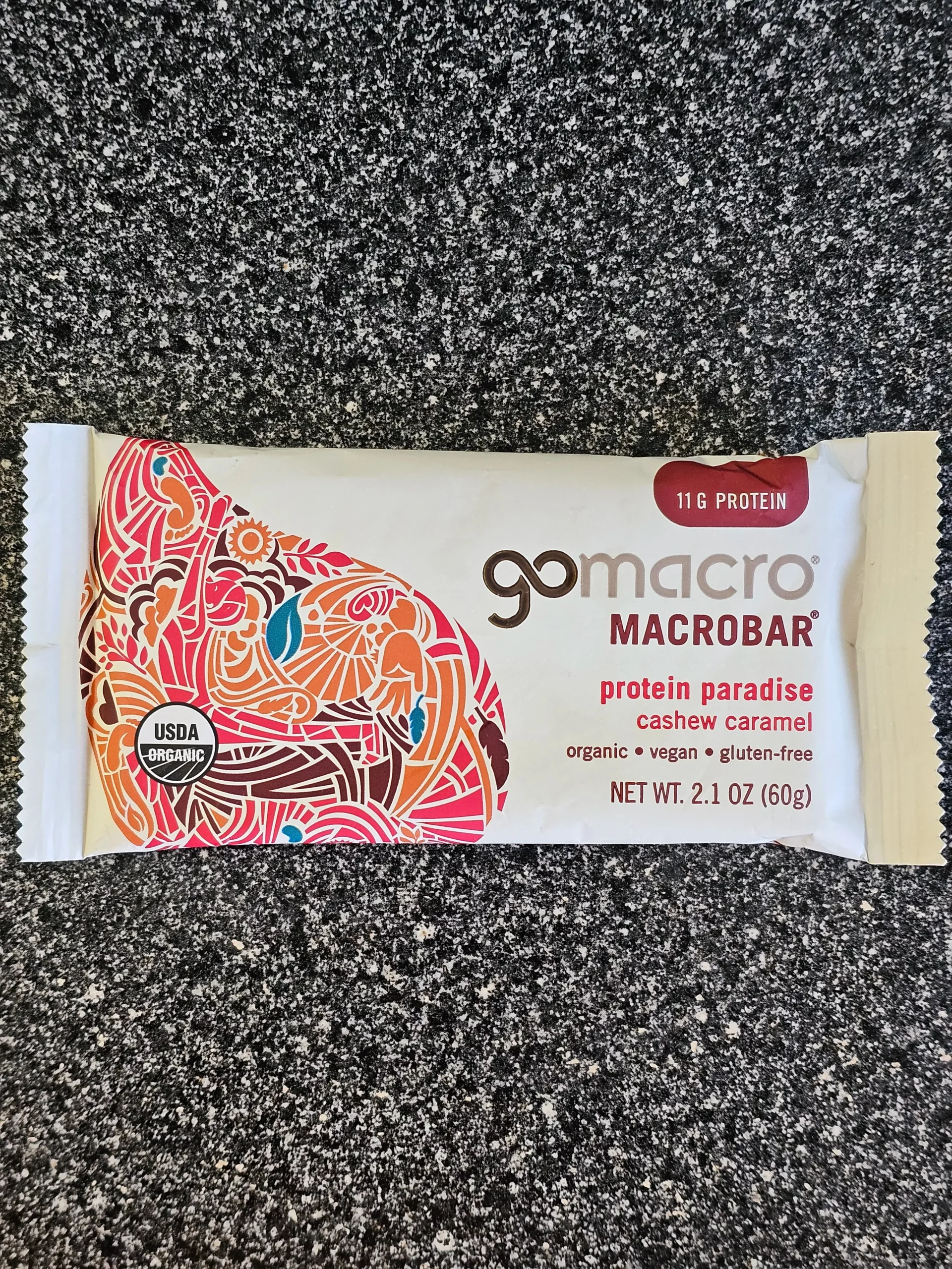 Front package of GoMacro MacroBar Protein Paradise Cashew Caramel.
