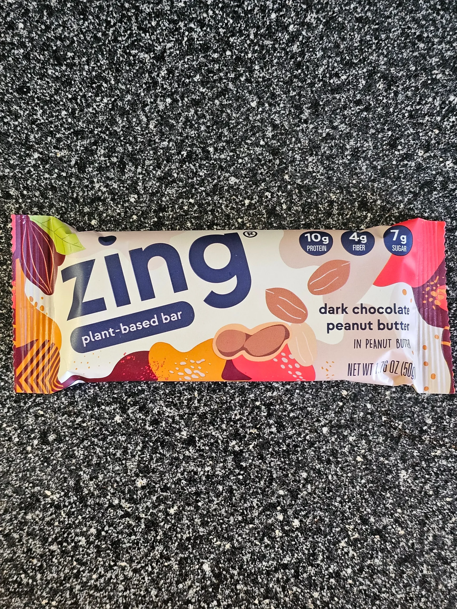 Front package of Zing Dark Chocolate Peanut Butter Bar.