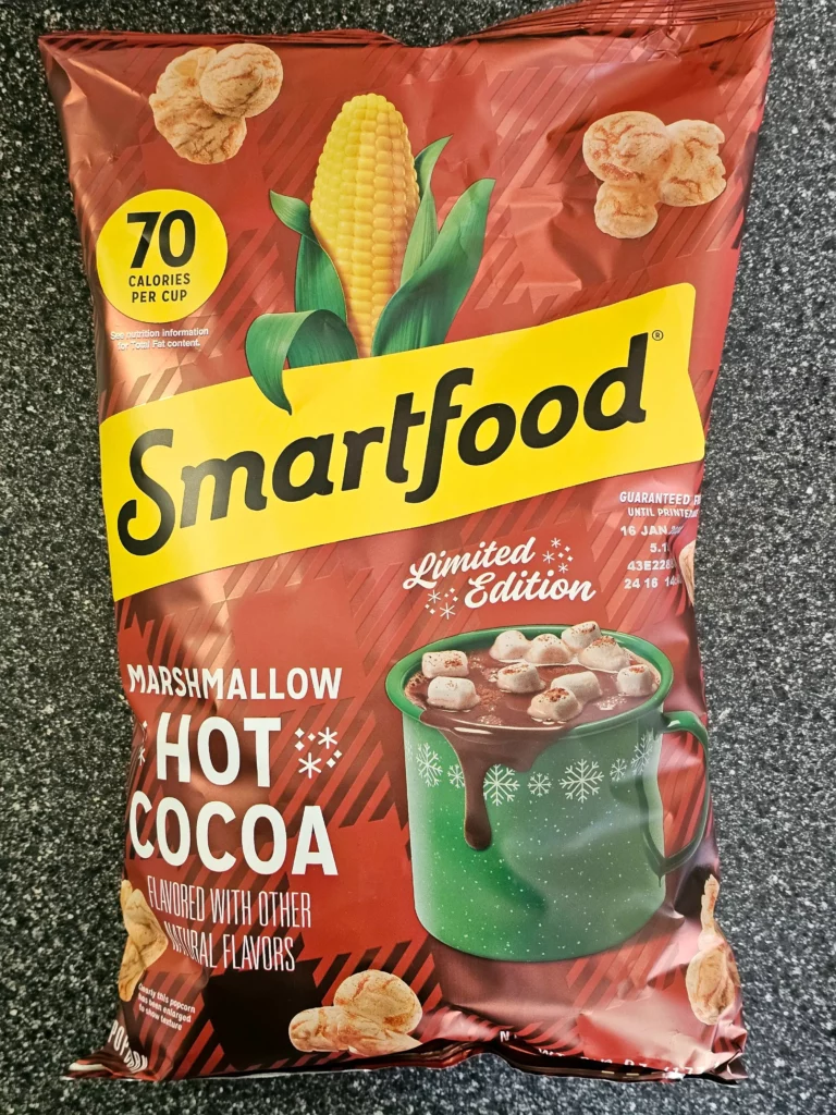 Package of Limited Edition Smartfood Marshmallow Hot Cocoa flavored popcorn.
