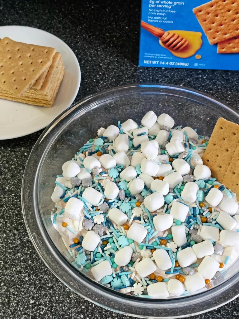 Bowl of hot cocoa dip with graham crackers in the background.