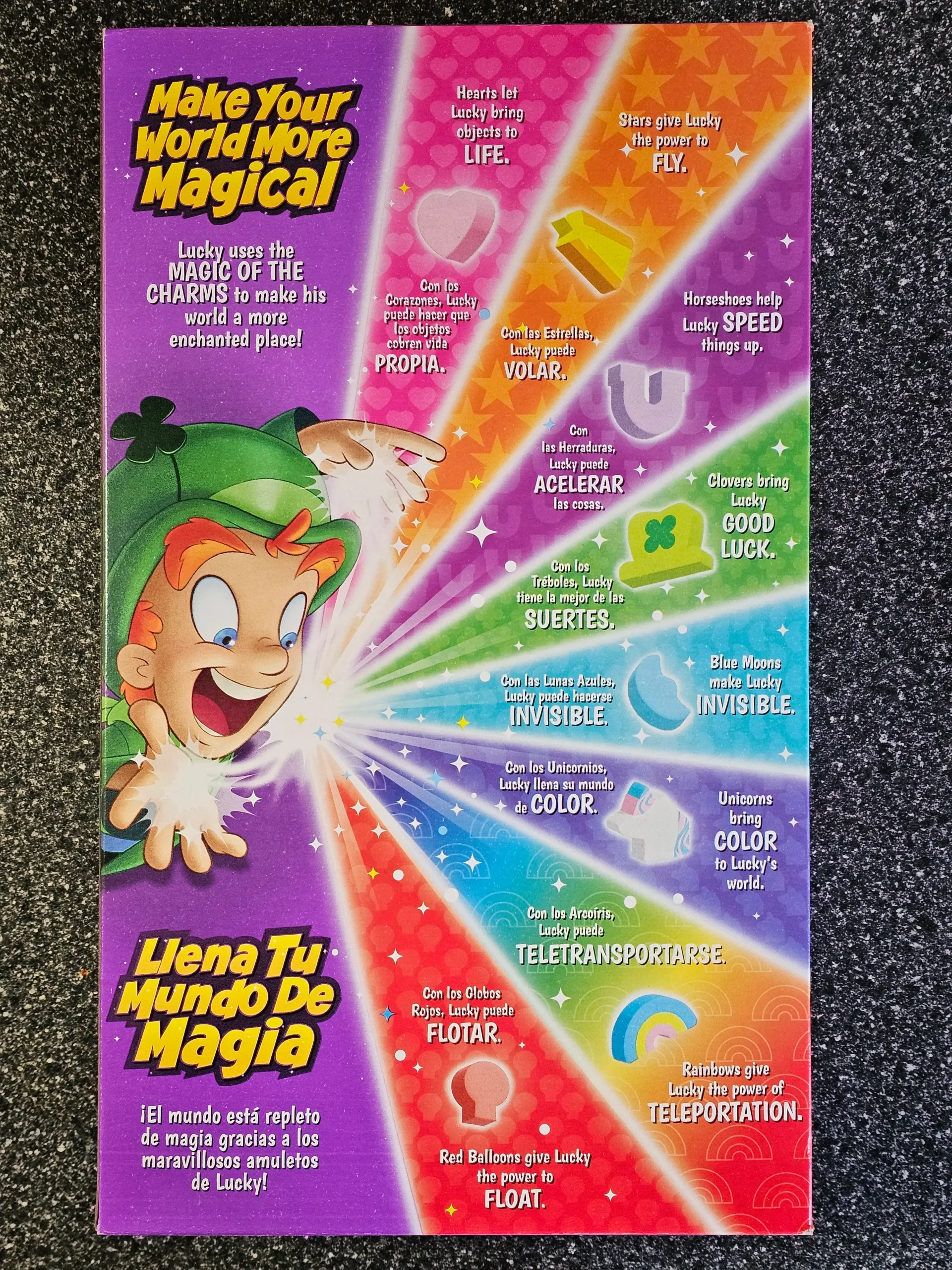 Back box of Berry Swirl Lucky Charms cereal box.