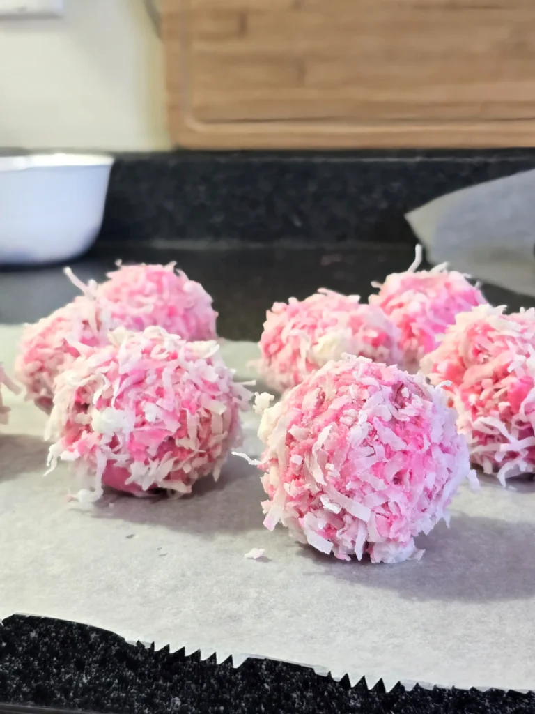 Strawberry coconut cake balls.