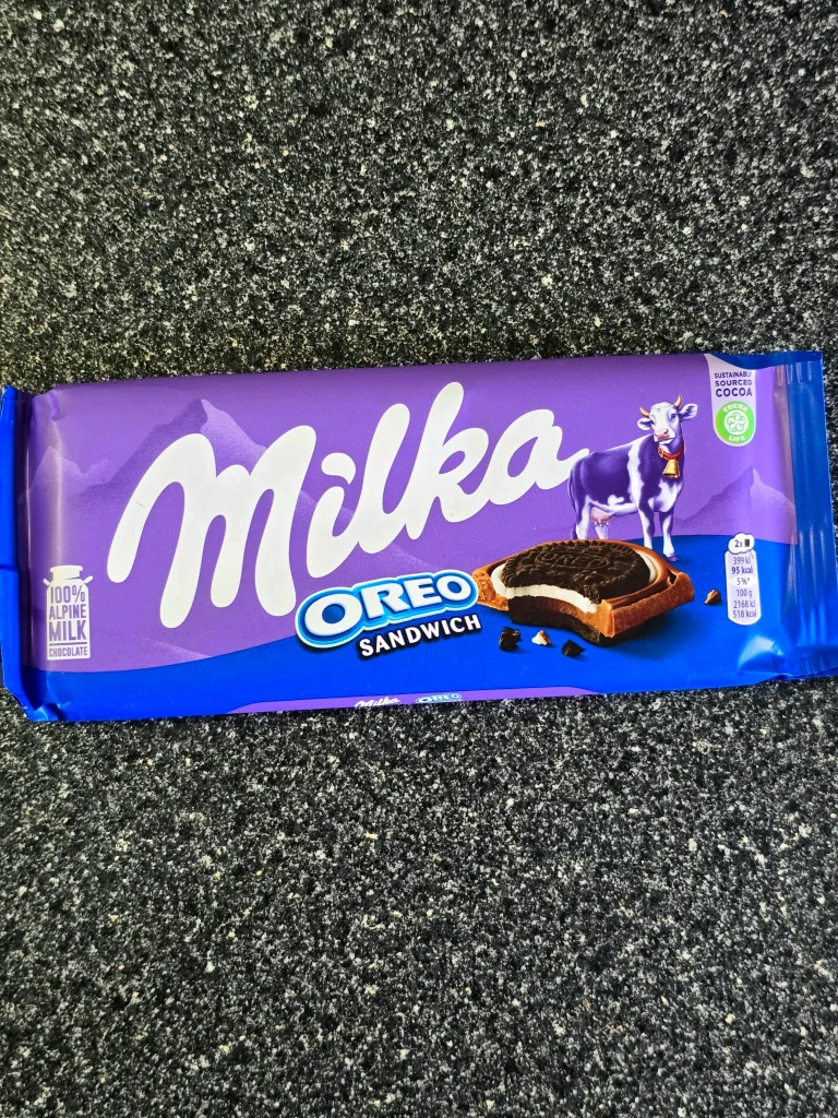 Milka Oreo Sandwich Chocolate Bar.
