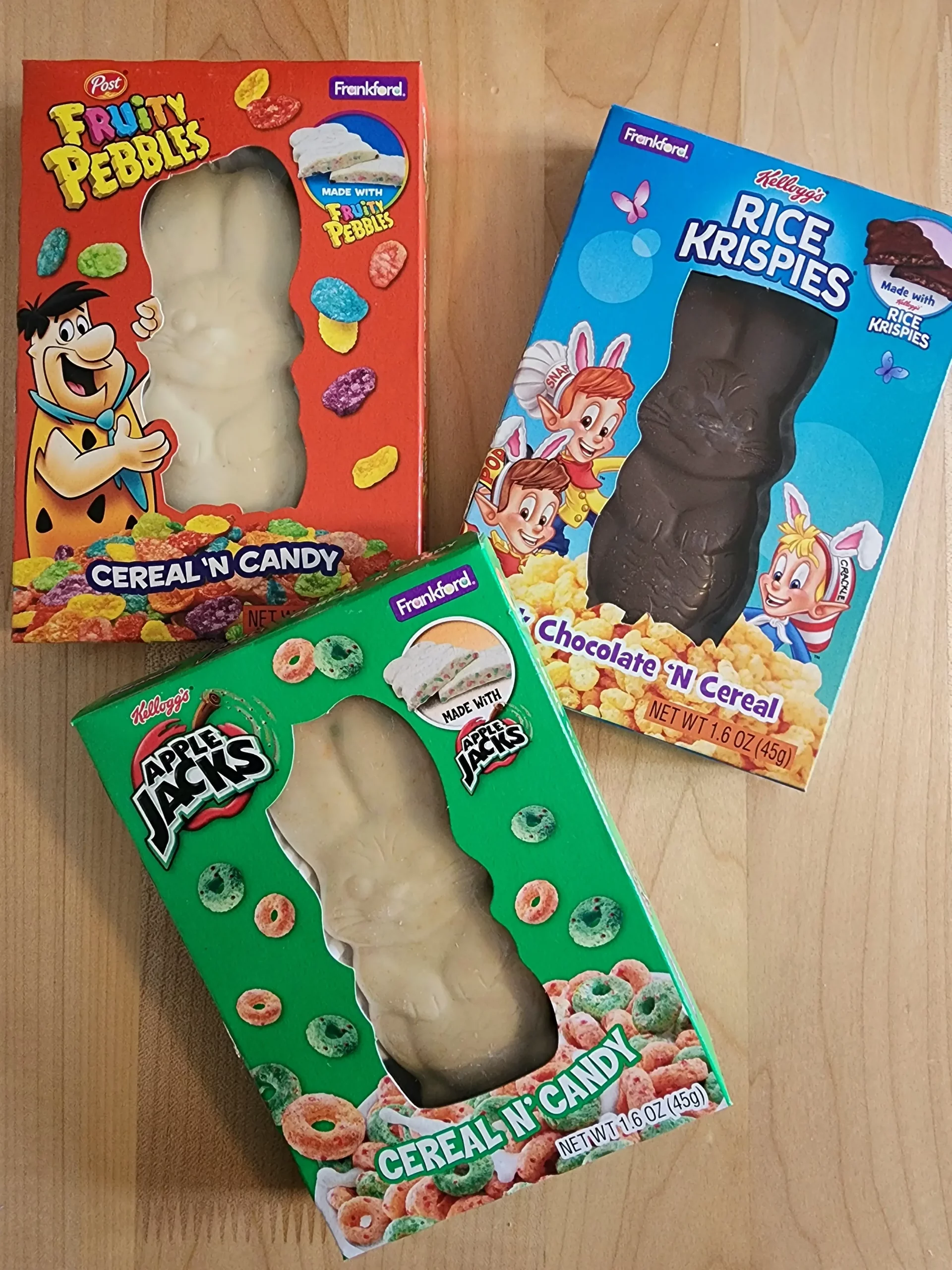 Post Fruity Pebbles Cereal 'N Candy Easter Bar, Kellogg's Rice Krispies Chocolate 'N Cereal bar, & Apple Jacks Cereal N' Candy bar.
