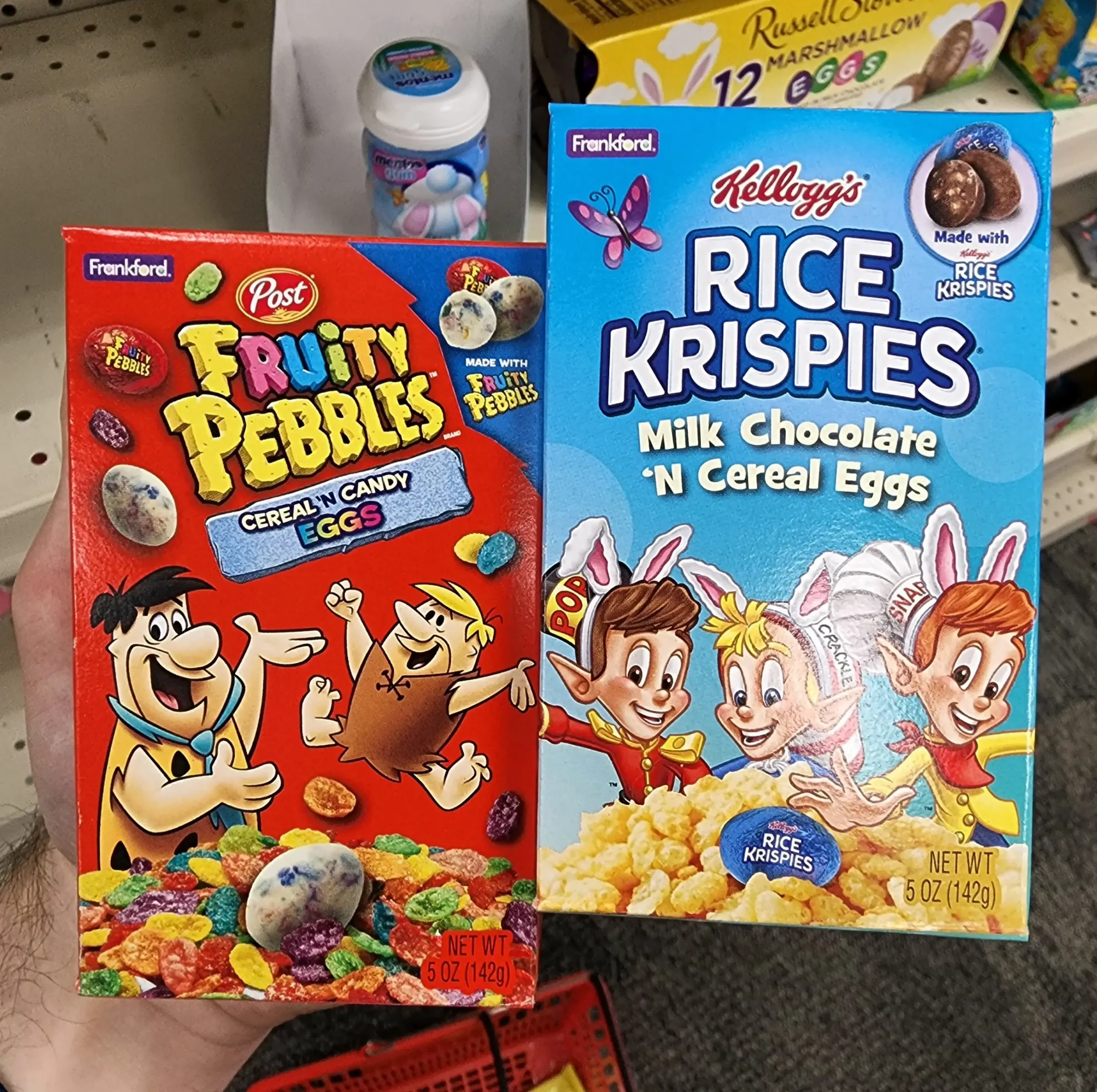 Post Fruity Pebbles Eggs & Kellogg's Rice Krispies Milk Chocolate Eggs.