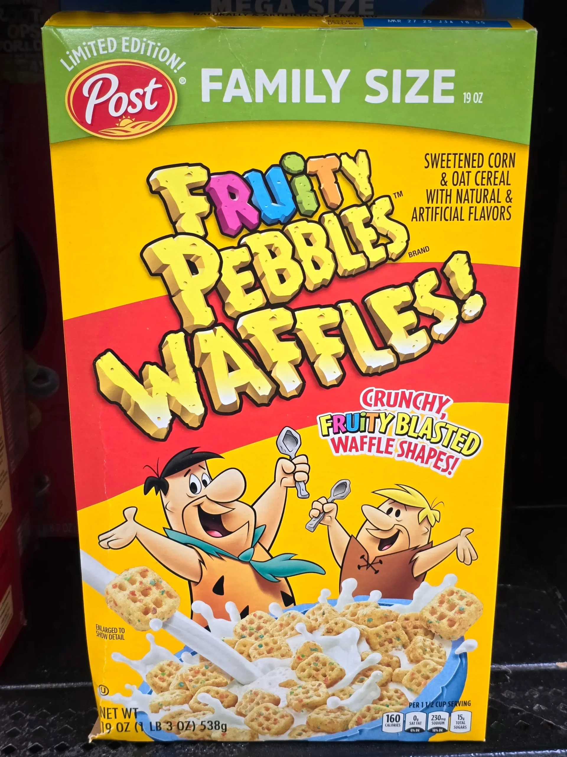 Post limited edition Fruity Pebbles Waffles cereal.