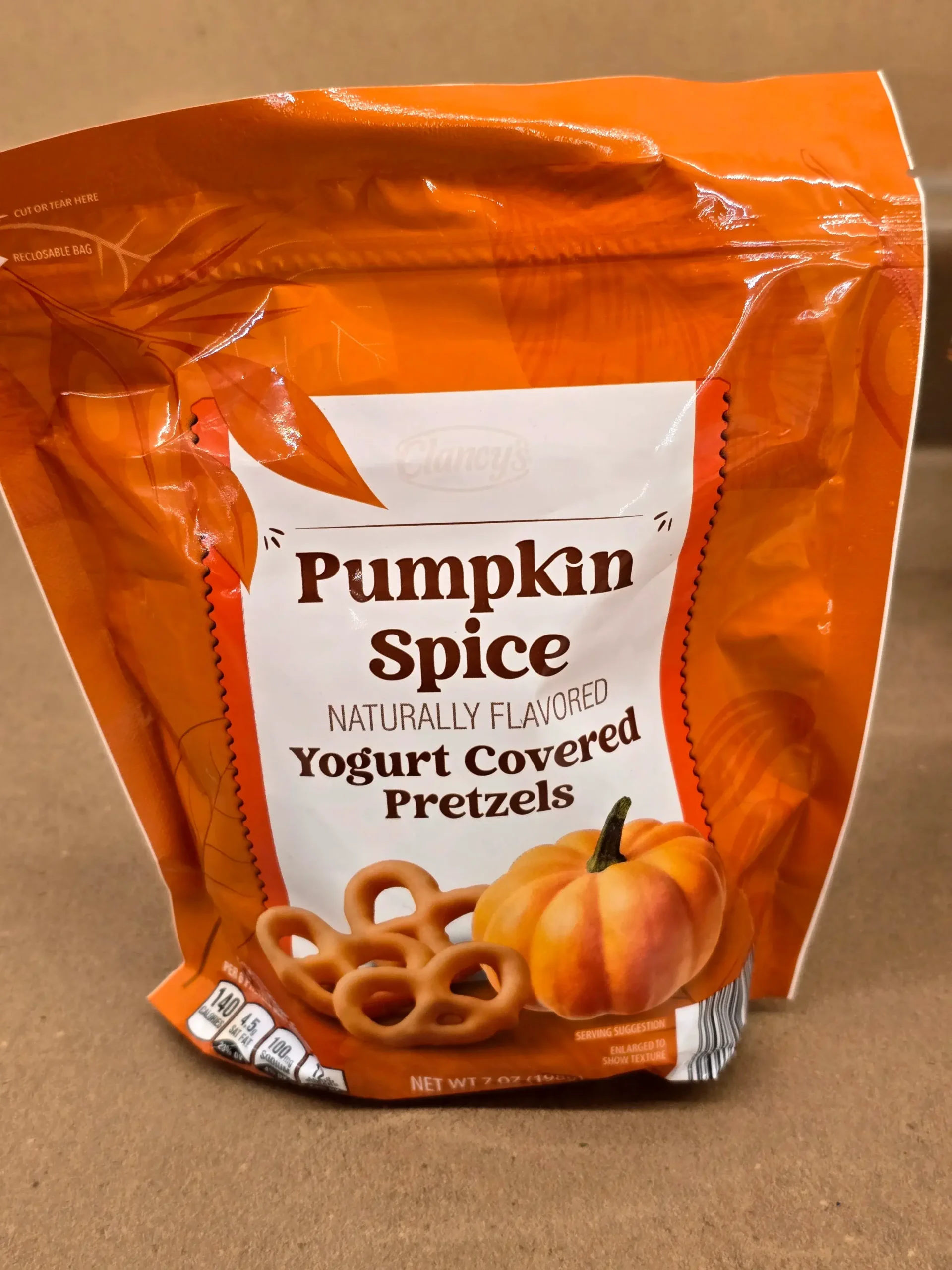 Clancy's Pumpkin Spice Yogurt Covered Pretzels.