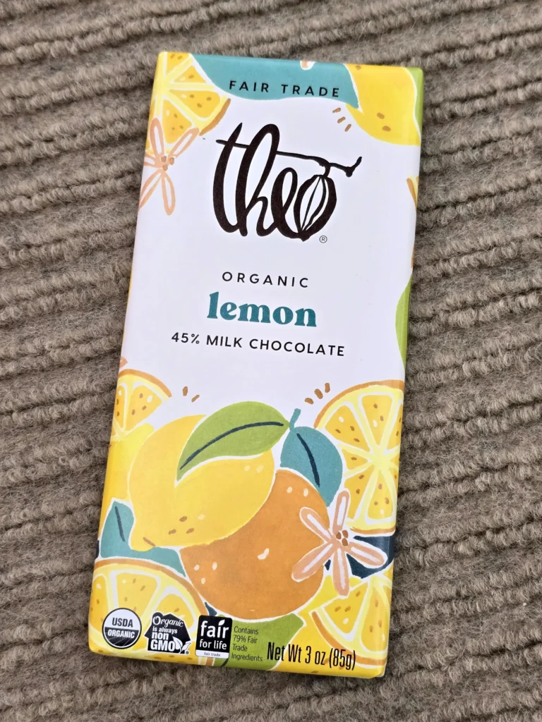 Theo Organic Lemon Milk Chocolate Bar.