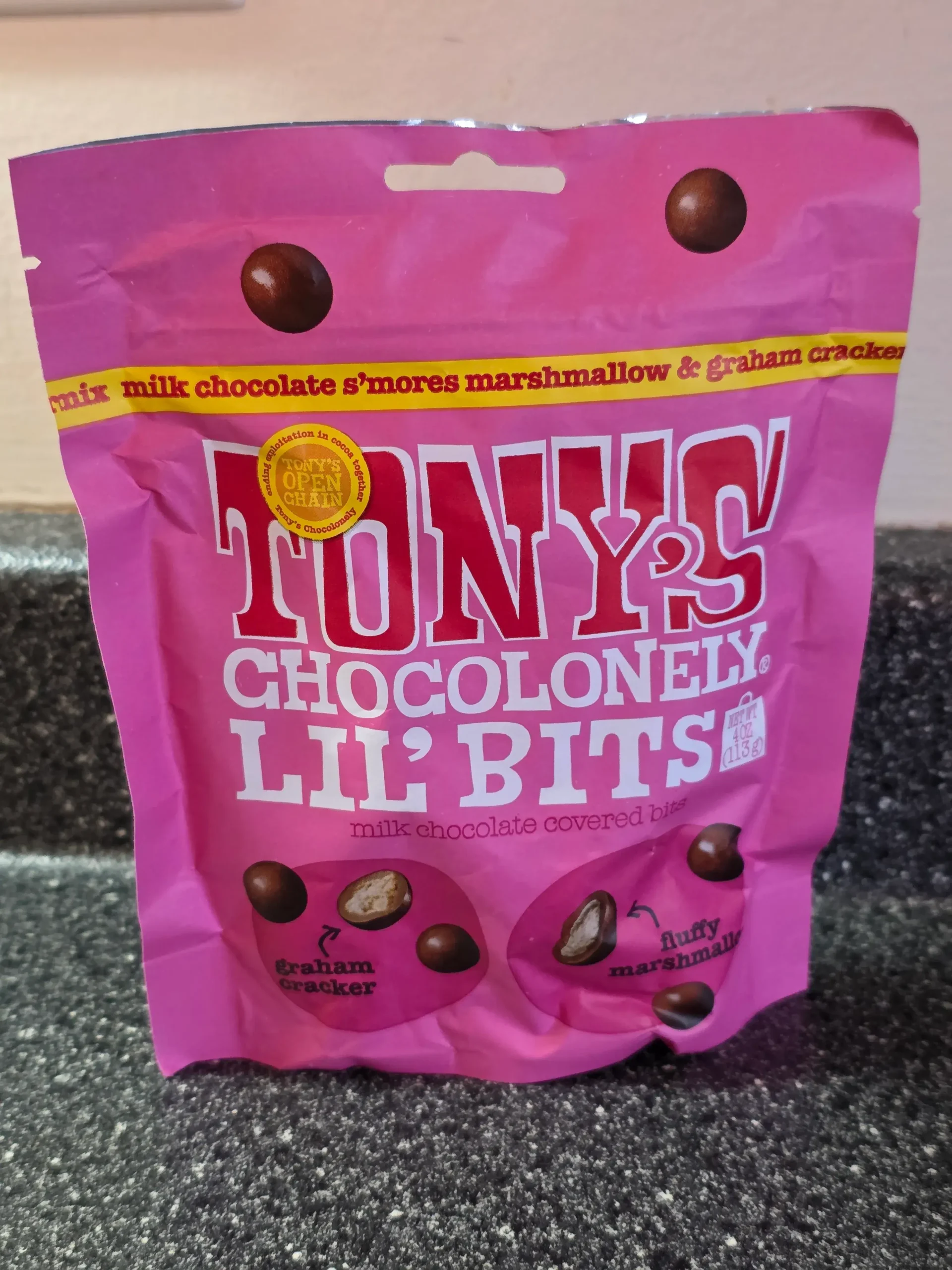 Tony's Chocolonely Milk Chocolate S'mores Marshmallow Lil' Bits.