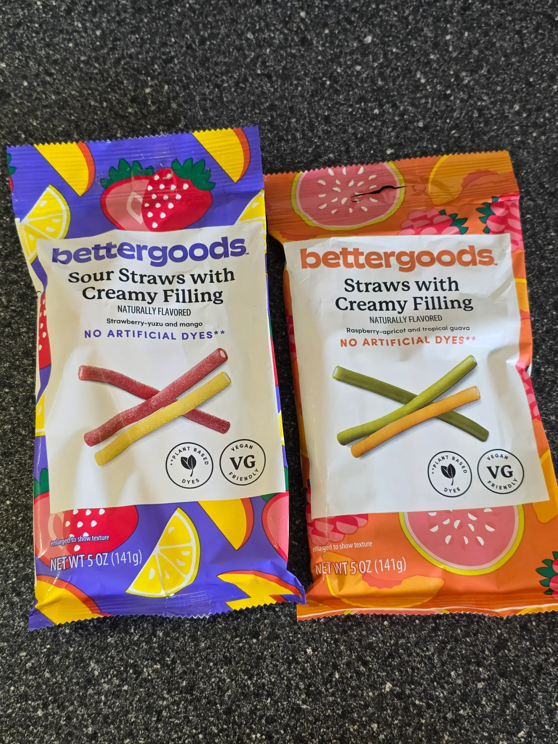 Walmart Bettergoods Sour Straws with Creamy Strawberry-Yuzu and Mango Filling, and Straws with Raspberry-apricot and Tropical Guava Filling.