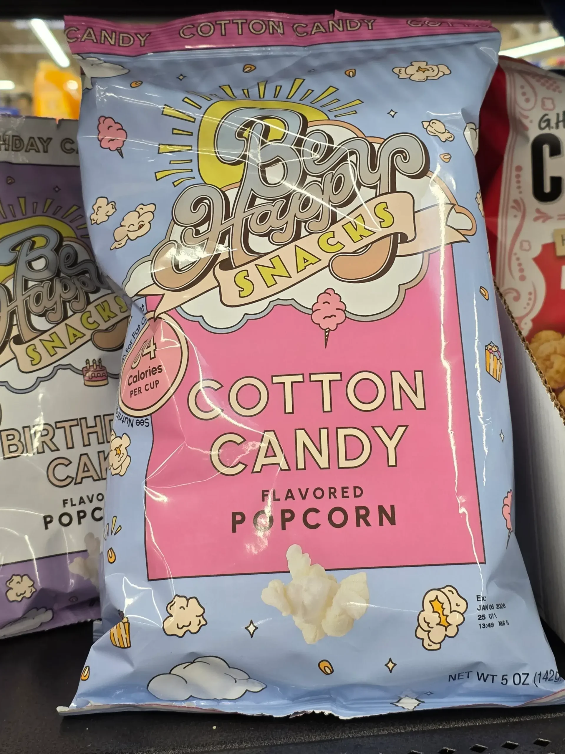 Be Happy Snacks Cotton Candy Flavored Popcorn.