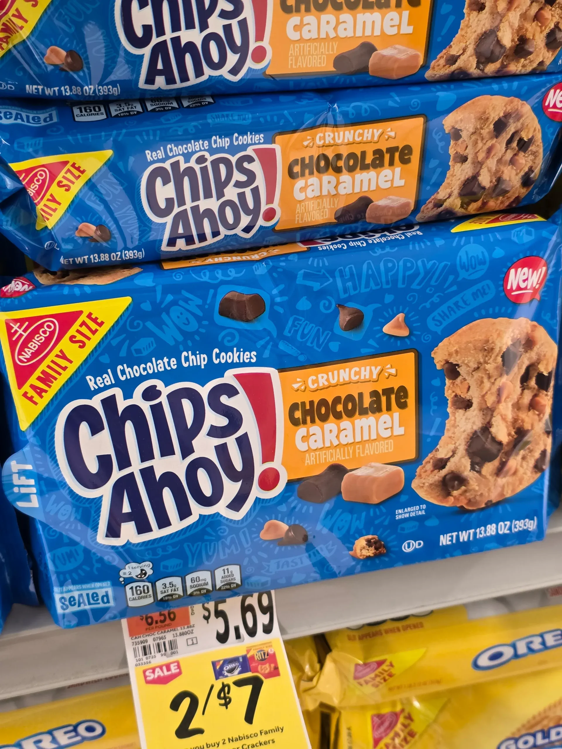 Chips Ahoy! Crunchy Caramel Chocolate Cookies.