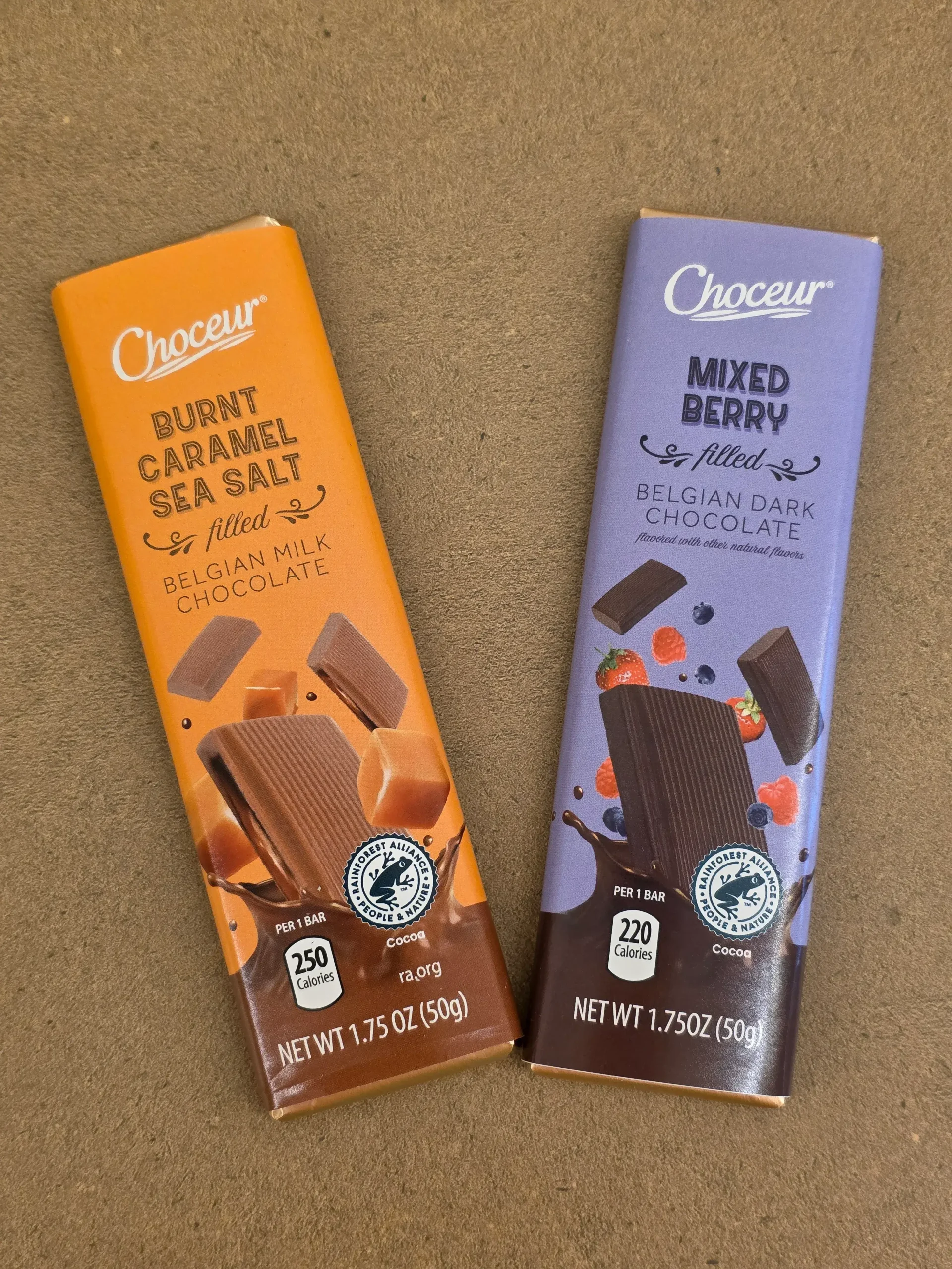 Choceur Burnt Caramel Sea Salt and Dark Chocolate Mixed Berry Belgian Filled Bars.