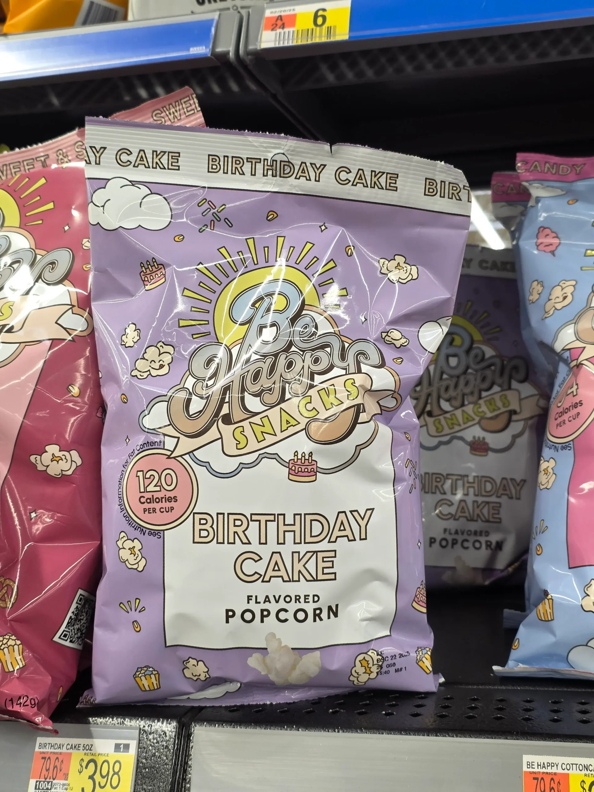 Be Happy Snacks Birthday Cake Flavored Popcorn.