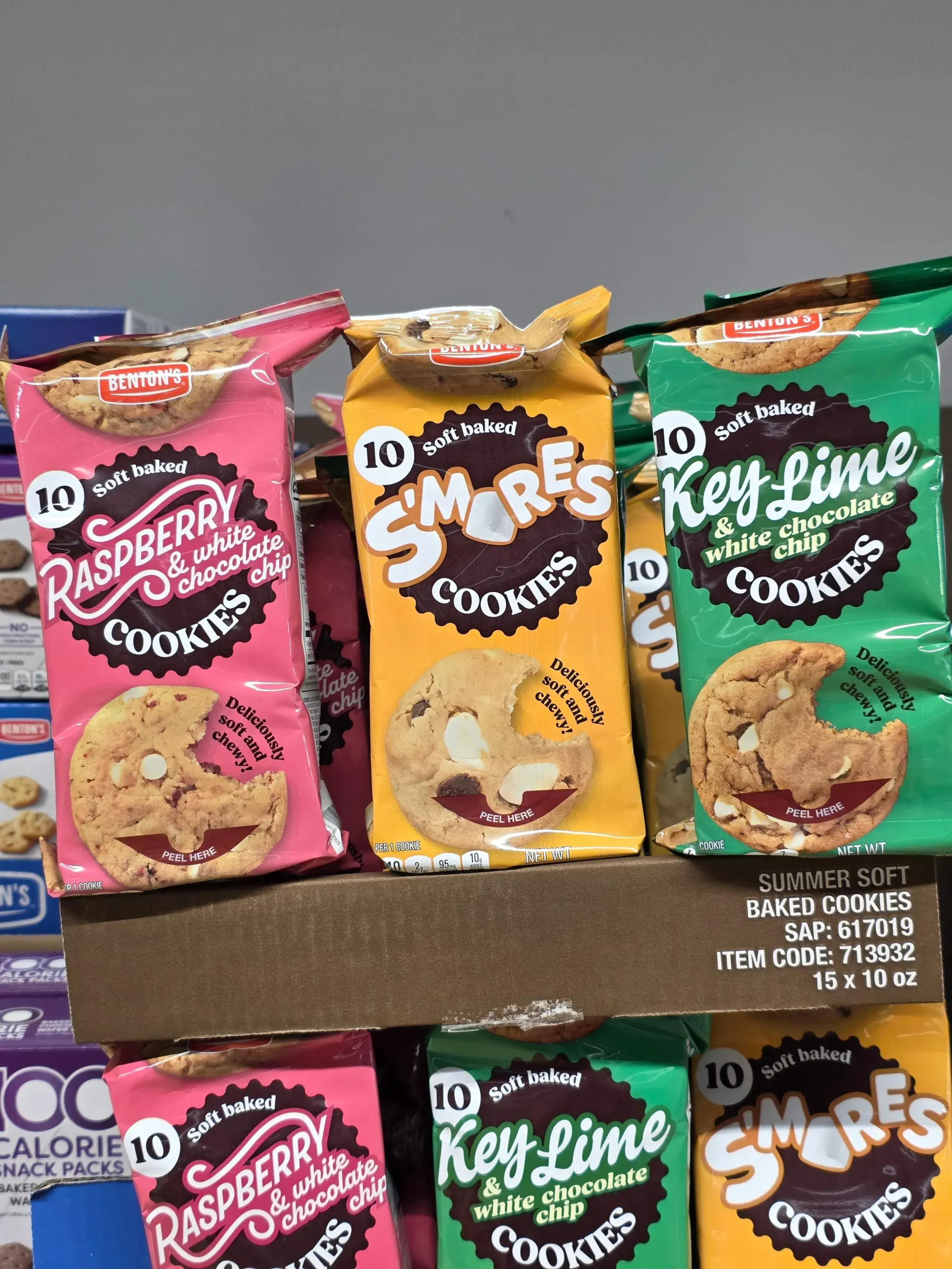 Benton's Soft Baked Cookies: Raspberry & White Chocolate Chip, S'mores, Key Lime & White Chocolate Chips.