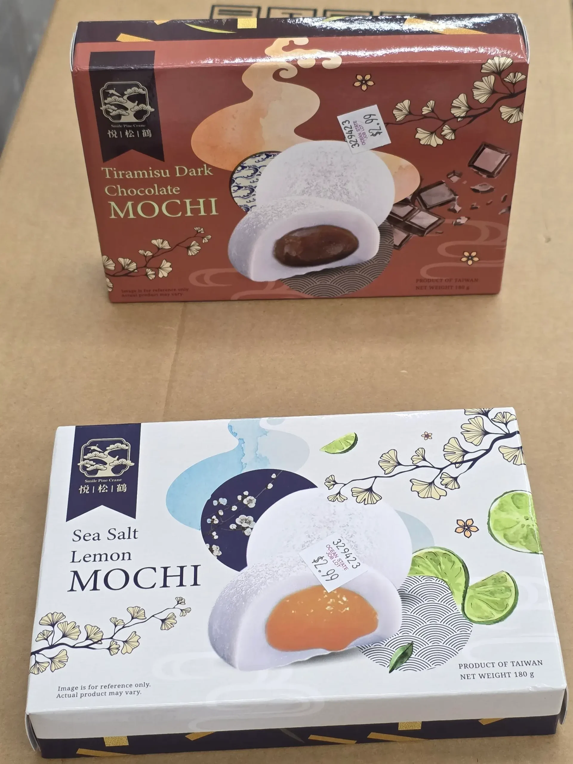 Smile Pine Crane Sea Salt Lemon and Tiramisu Dark Chocolate Mochi.
