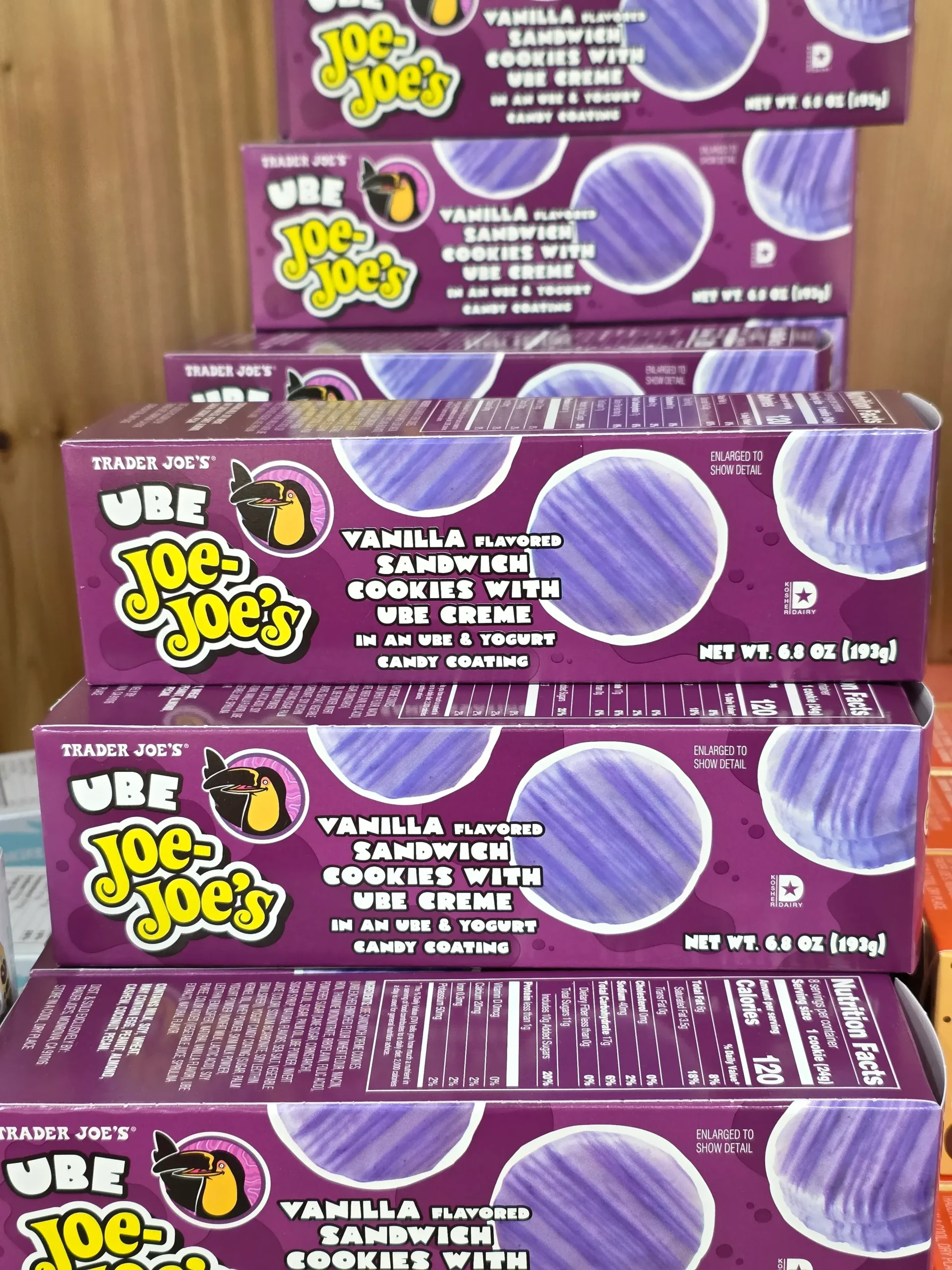 Trader Joe Ube Joe-Joe's Vanilla Flavored Sandwich Cookies with Ube Cream.