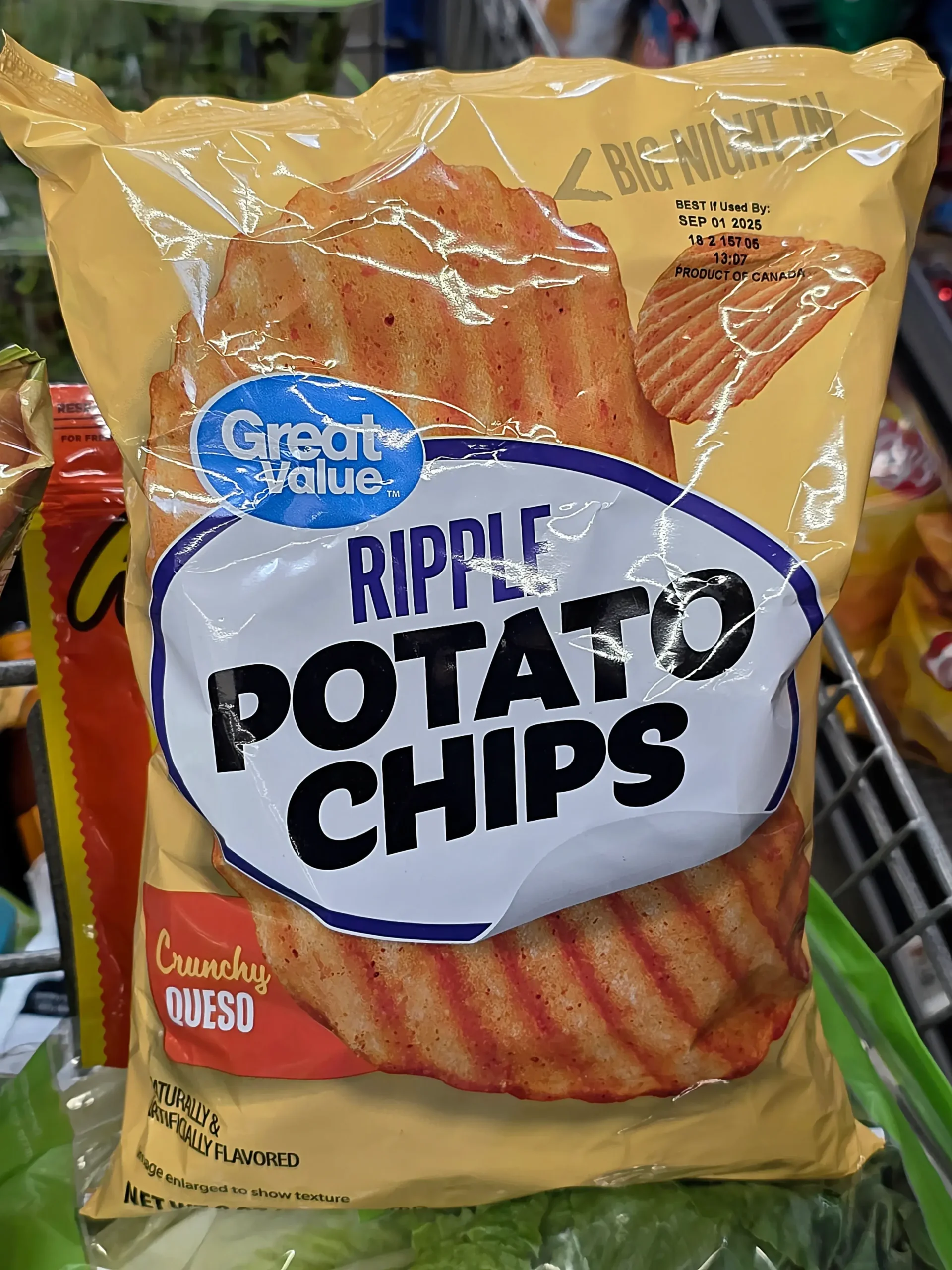 Great Value Crunchy Queso Ripple Potato Chips.