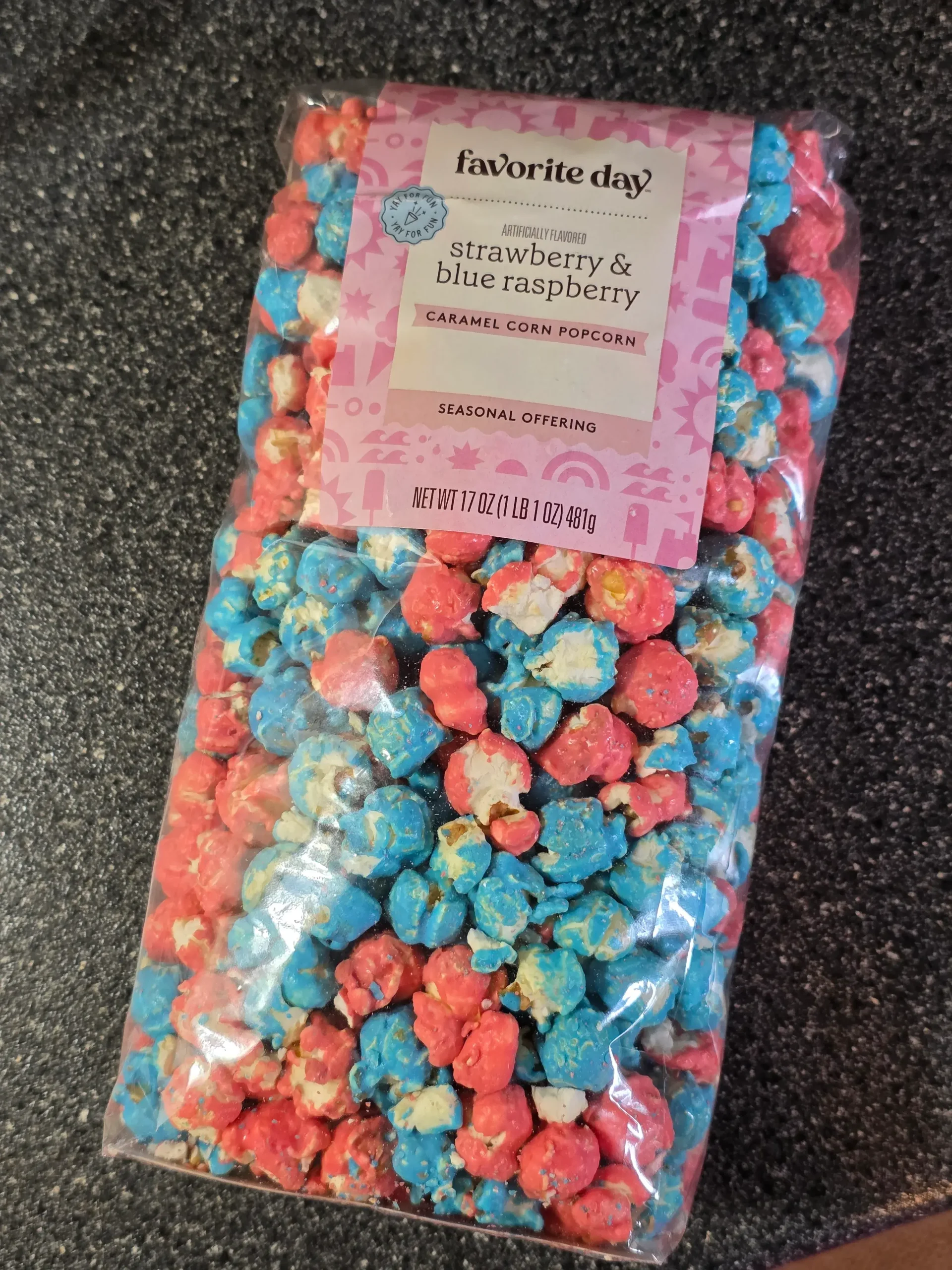 Favorite Day Strawberry and Blue Raspberry Caramel Corn Bag.