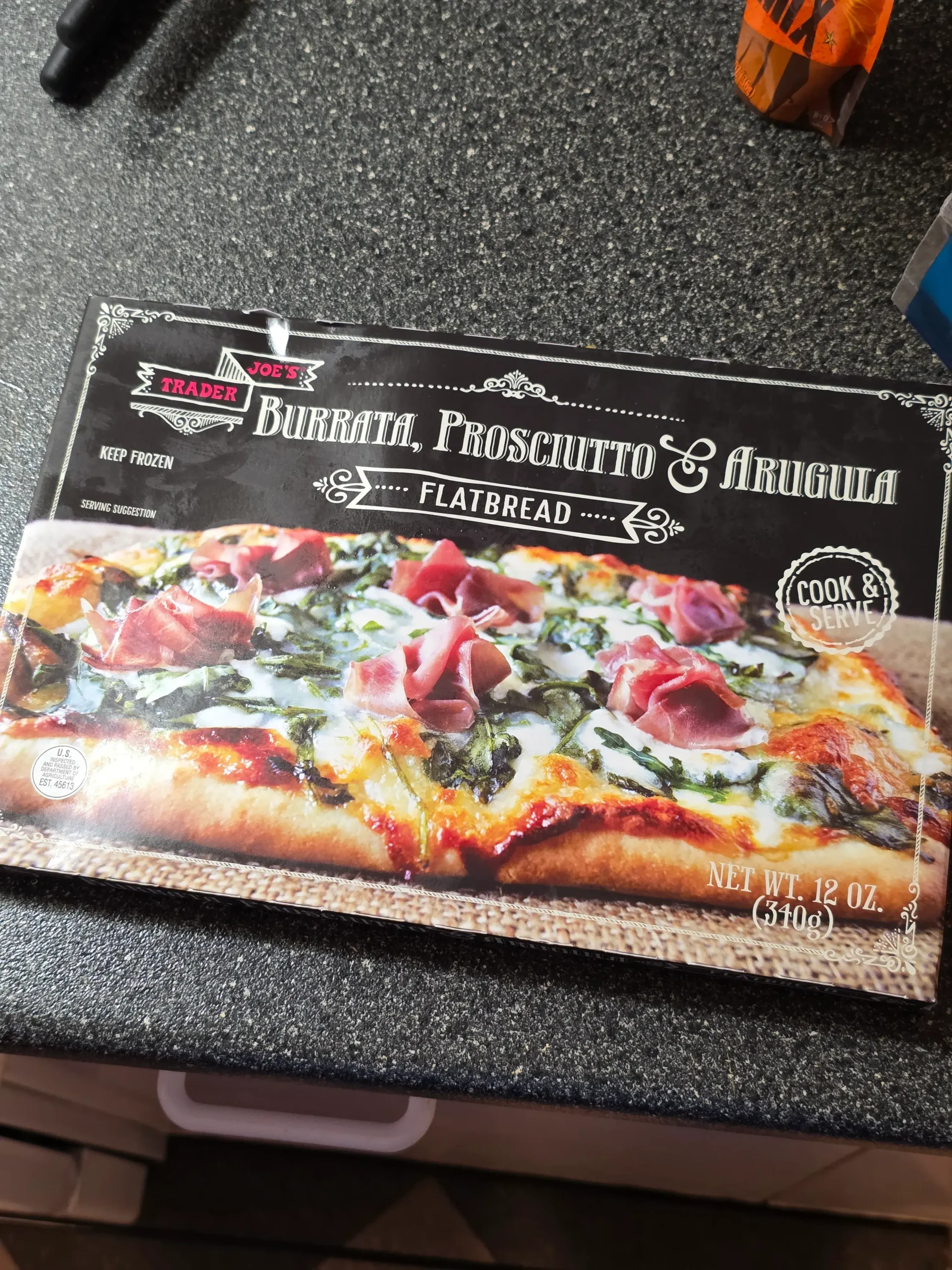 Trader Joe’s Burrata, Prosciutto and Arugula Flatbread.