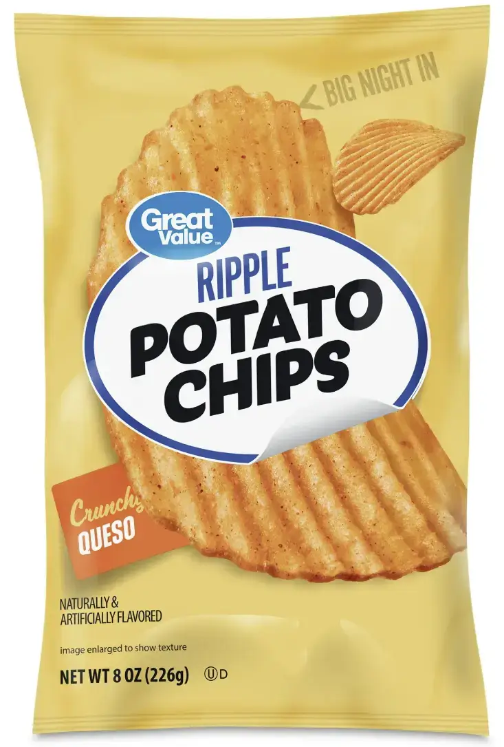 Great Value Queso Rippled Potato Chips.