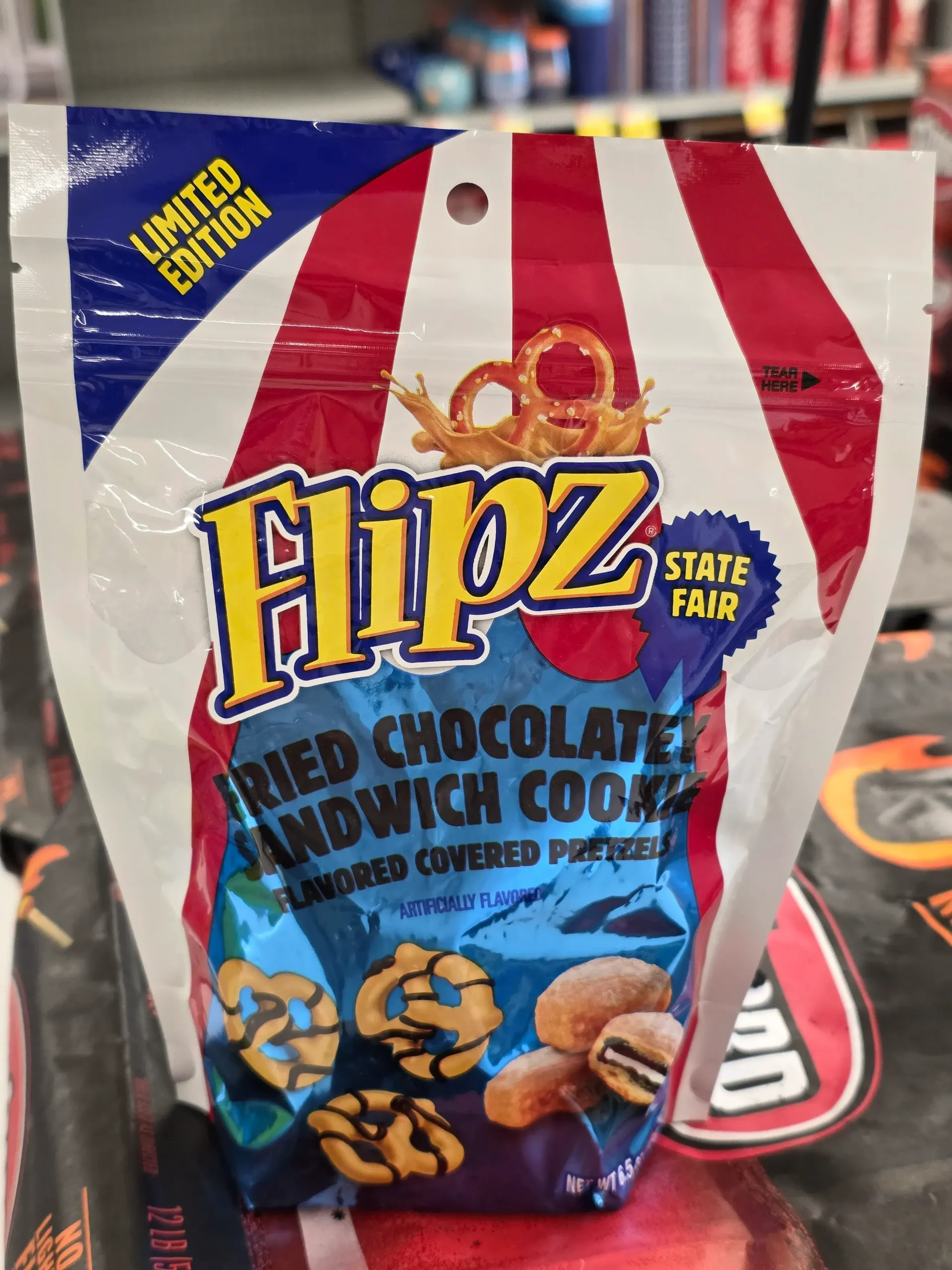Flipz State Fair Fried Chocolatey Sandwich Cookie Flavored Covered Pretzels.