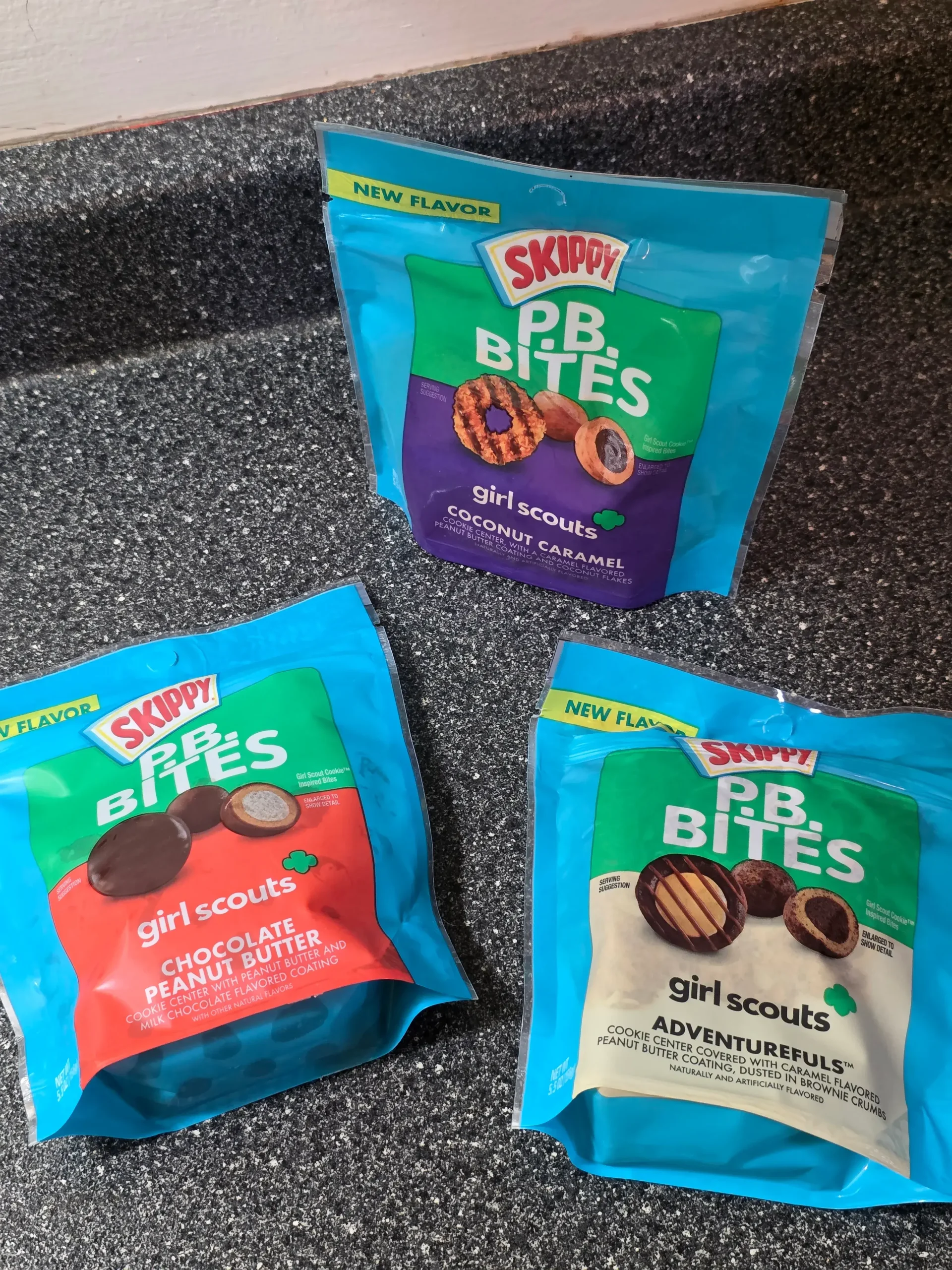 Skippy P.B. Bites Girl Scouts: Coconut Caramel, Chocolate Peanut Butter, and Adventurefuls.