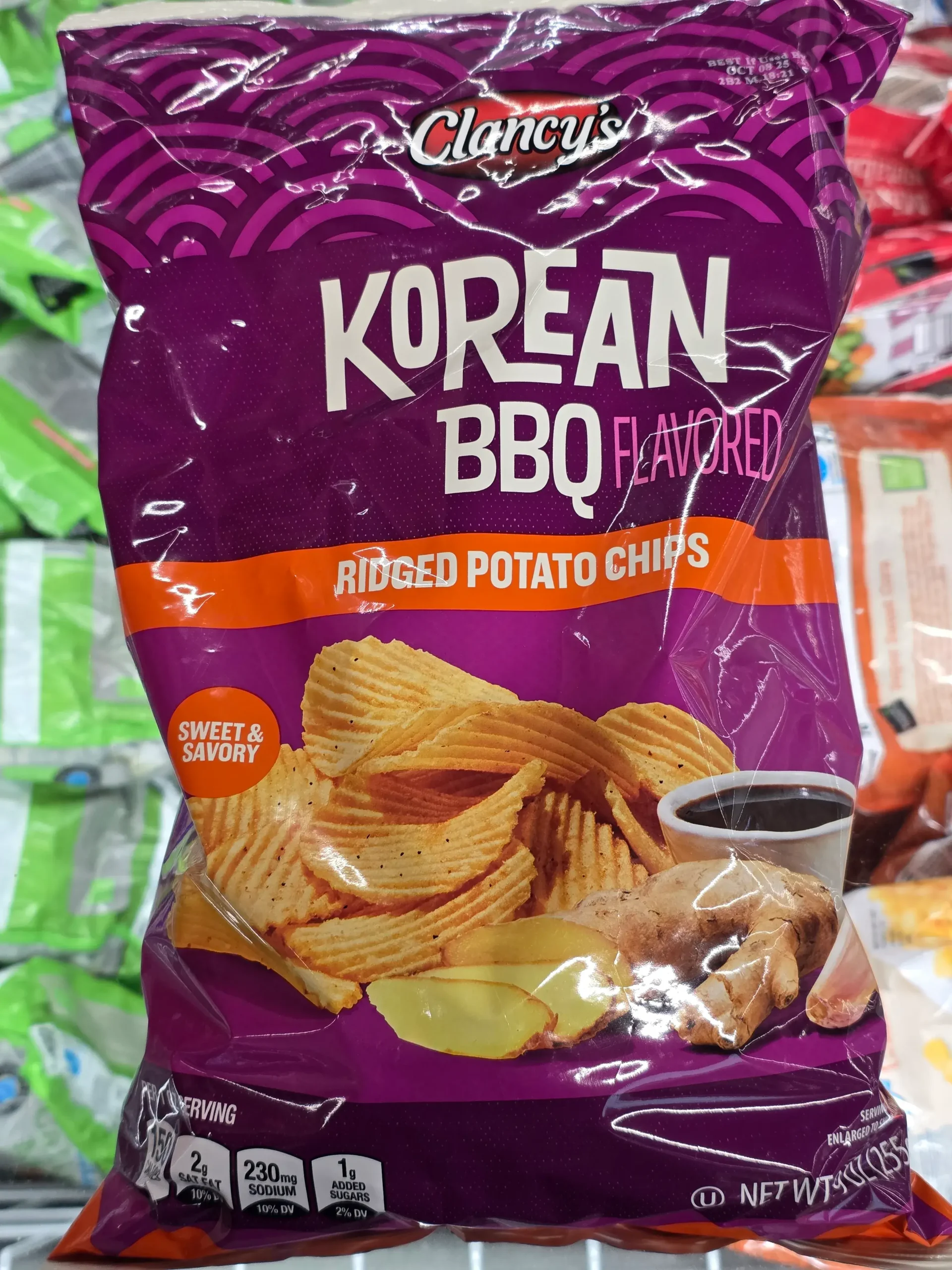 Clancy's Korean BBQ Flavored Ridged Potato Chips.